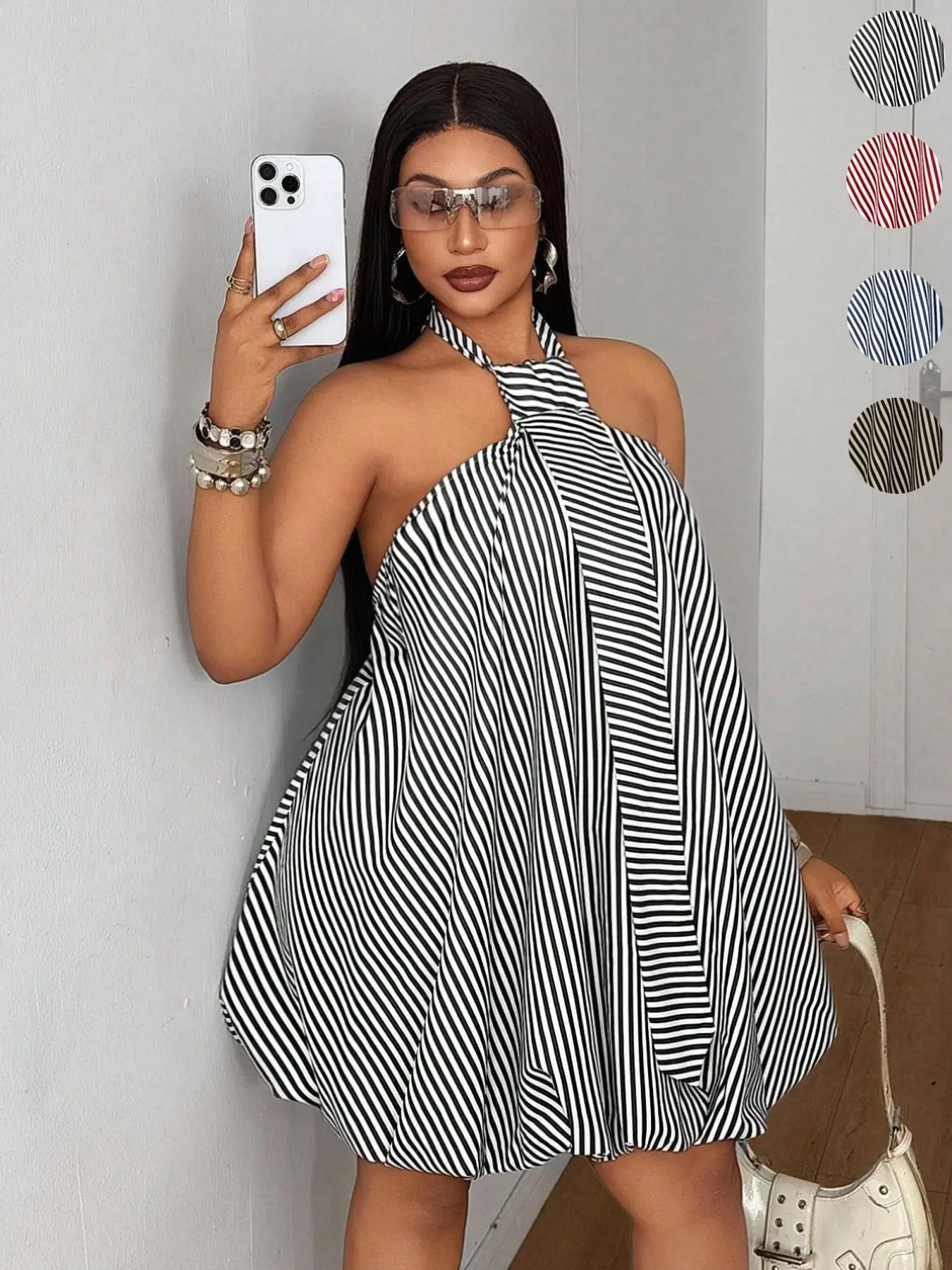 Plus Size Striped Halter Flower Bud Dress, Loose Shoulder Short Dress, Casual Summer, Beach Vacation, Date Night, Casual Beach Sundress
