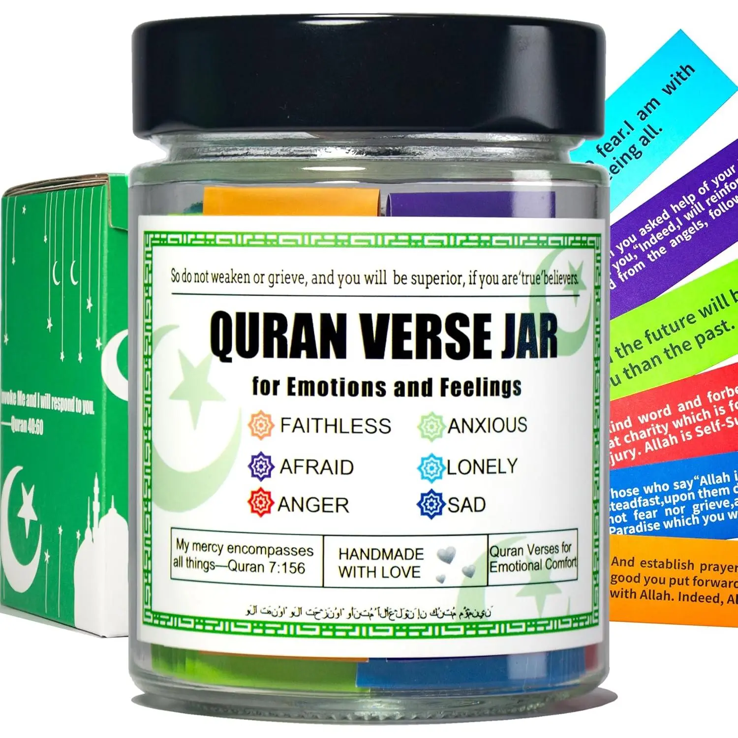 Quran Verse Jar for  Comfort, Islamic Gifts for Women Men  Muslim , Ramadan Decorations, Ramadan Eid Gifts,Quran Prayers & Gratitude Verses in English, Islamic Decor