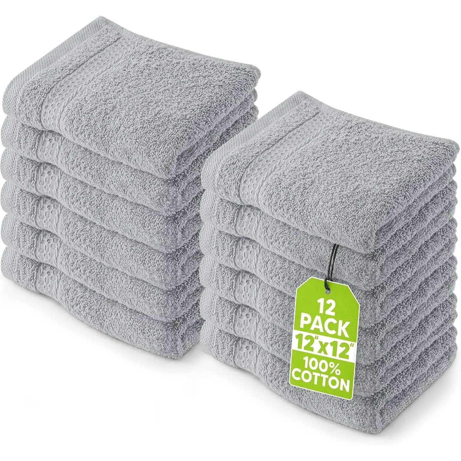 12 Pack Premium 12x12 Inch 100% Cotton Washcloths, Cool Grey - Highly Absorbent Soft Lightweight Ring Spun Cotton, Ideal for Bathroom, Spa, Gym & Face