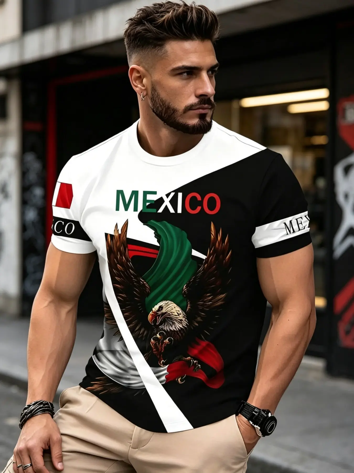 Mexican Style Men's Soccer Jersey, Graphic Jersey Top, Team Uniform, Summer Outdoor Football Training, Match, Fan Wear, Fan Sportswear Top, Unisex, Casual Slim Fit T-Shirt, Sports Tees