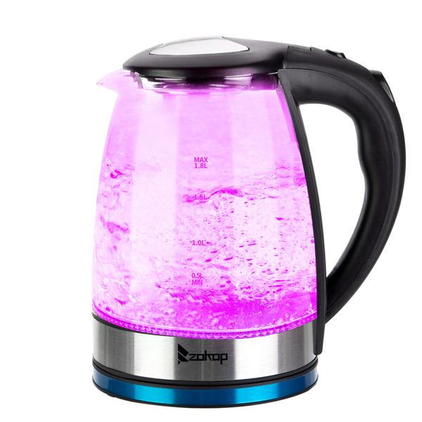 ZOKOP HD-1861-A 110V 1200W 1.8L Electric Glass Kettle US Plug with LED Lights, 360° Rotation Base, Auto Shut-off, and Mesh Filter for Spill Proof Pours Automatic