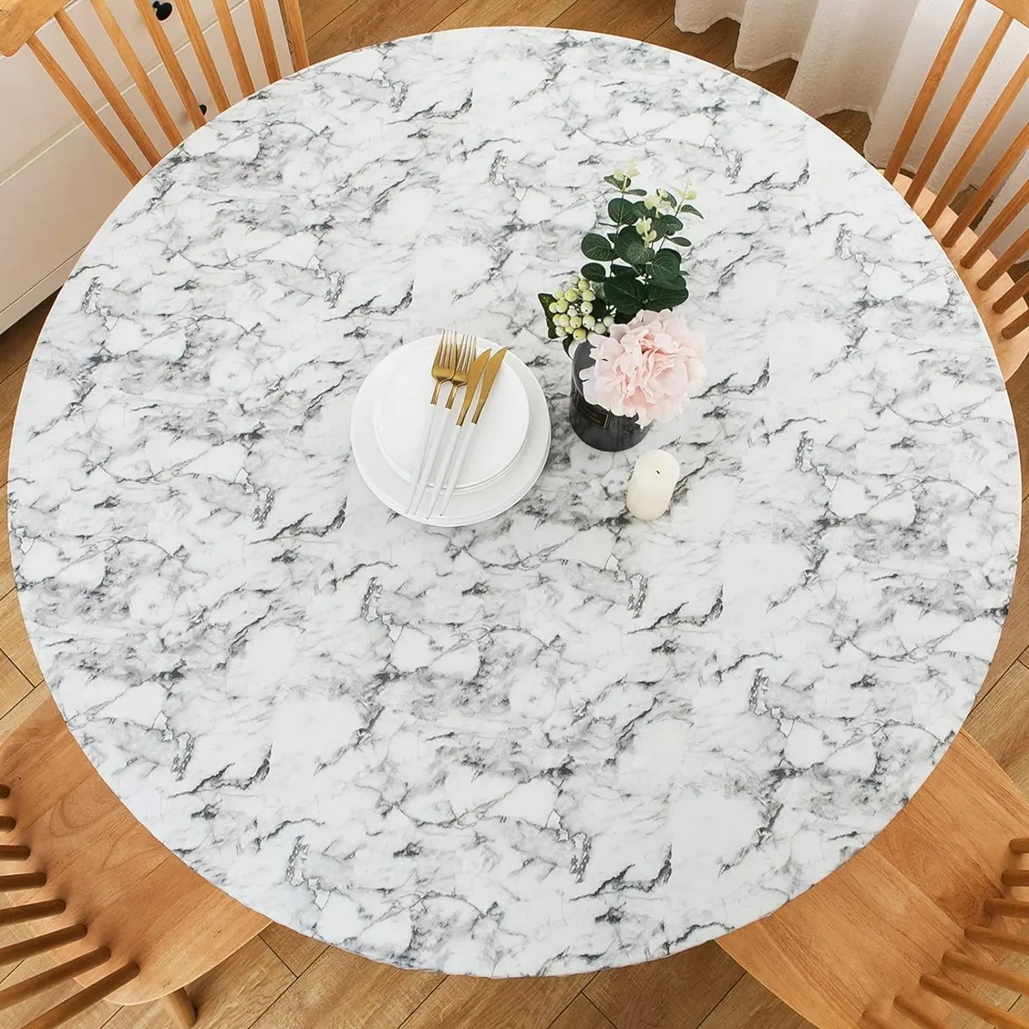 Round Vinyl Fitted Tablecloth with Flannel Backing Elastic Edge Table Cover Waterproof Stain-Resistant Wipeable Tablcloths Fits 45-56" Round Tables