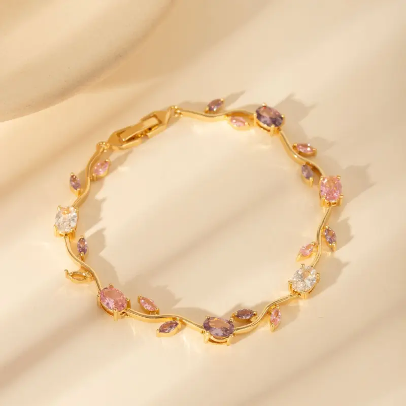 Fashionable Mixed Color Crystal Leaf and Petal Bracelet DDSL0058, Light Luxury Leaf Tulip Layered Wrist Accessory