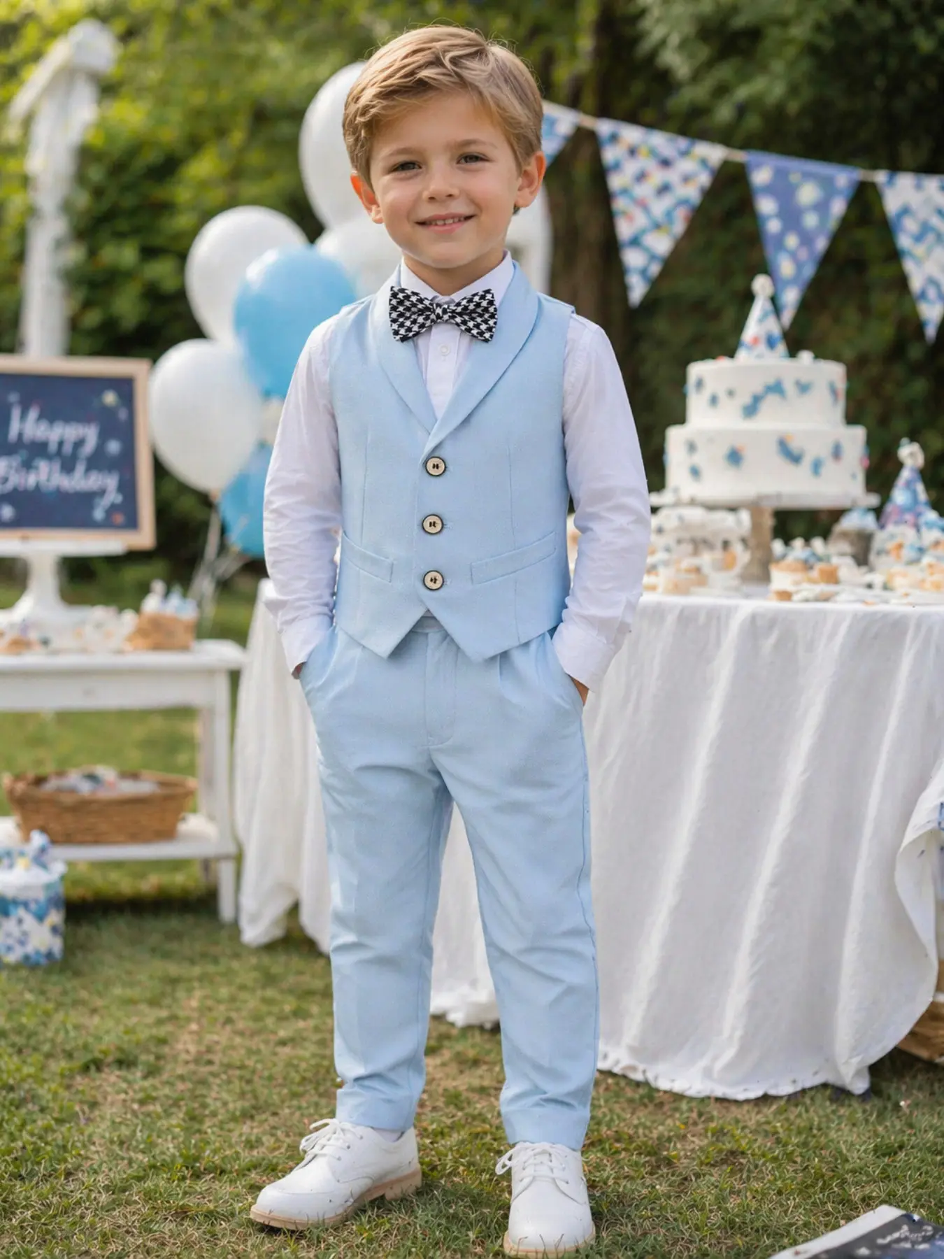 Boys' Minimalist Preppy 4‑Piece Tuxedo Set (Shirt + Shawl Lapel Single‑Breasted Vest + Trousers + Houndstooth Bow Tie) Outfit Sets Multi‑Color Choices Suitable for Graduation Photos Campus Parties and Formal Occasions