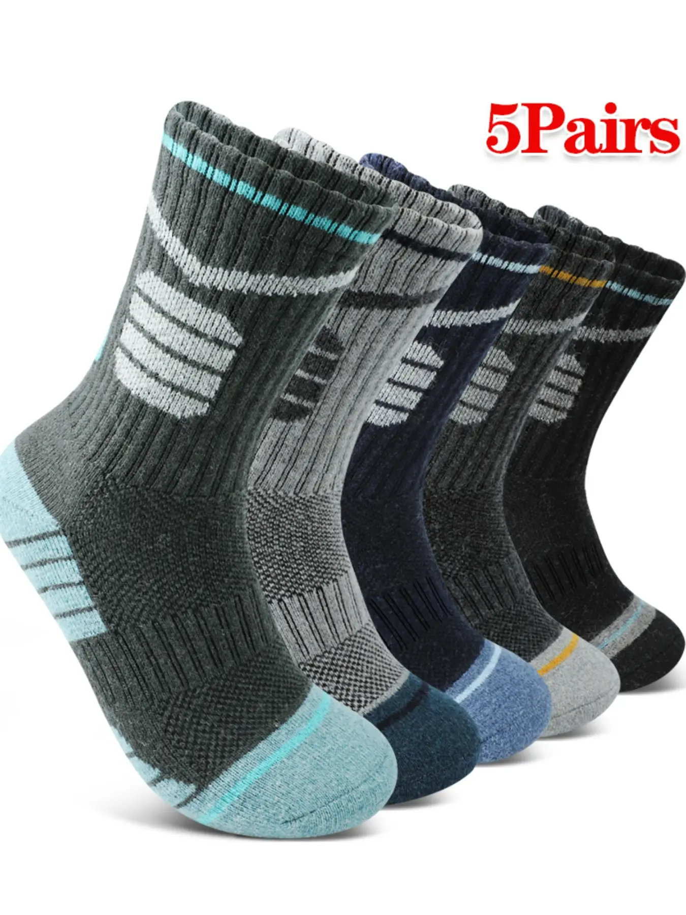 5 Pairs Men's Winter Outdoor Hiking Socks, Outdoor Sports Socks, Warm Wool Thick Durable Socks, Sofe Comfortable Geometric-pattern, Essential for Trekking Cycling Running