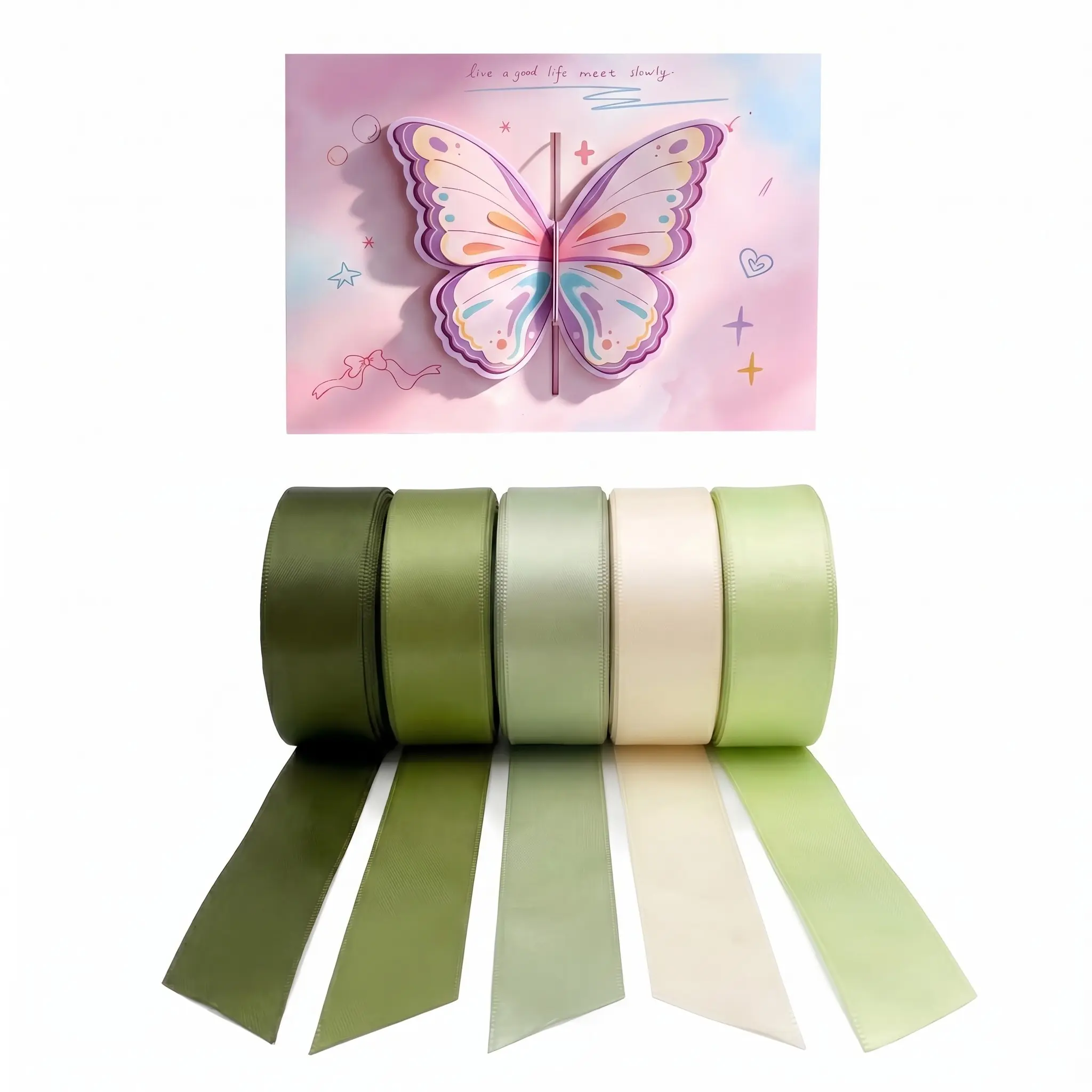 5 Rolls 25mm Wide 30ft Long Ribbon Set with Butterfly Card, Premium Fabric Ribbon for Gift Wrapping Supplies, Flower Wrapping, DIY Crafts, Bouquets, Wedding Decorations