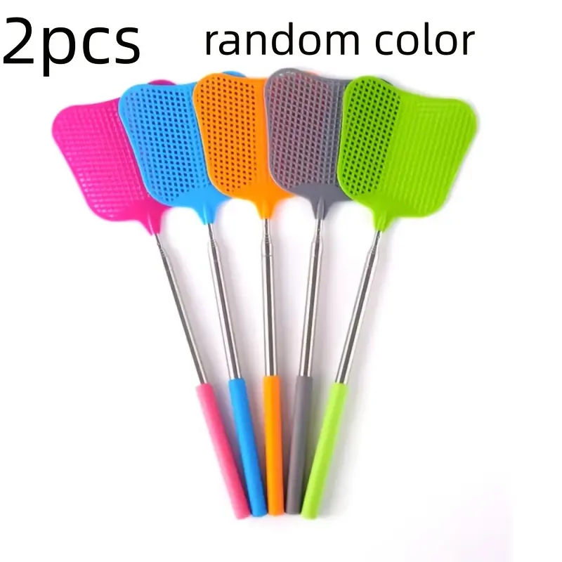 Random color 2-piece set, heavy-duty retractable fly swatter set-durable plastic with stainless steel handle, suitable for indoor/outdoor/classroom, pest control, necessary in summer, household gadgets.