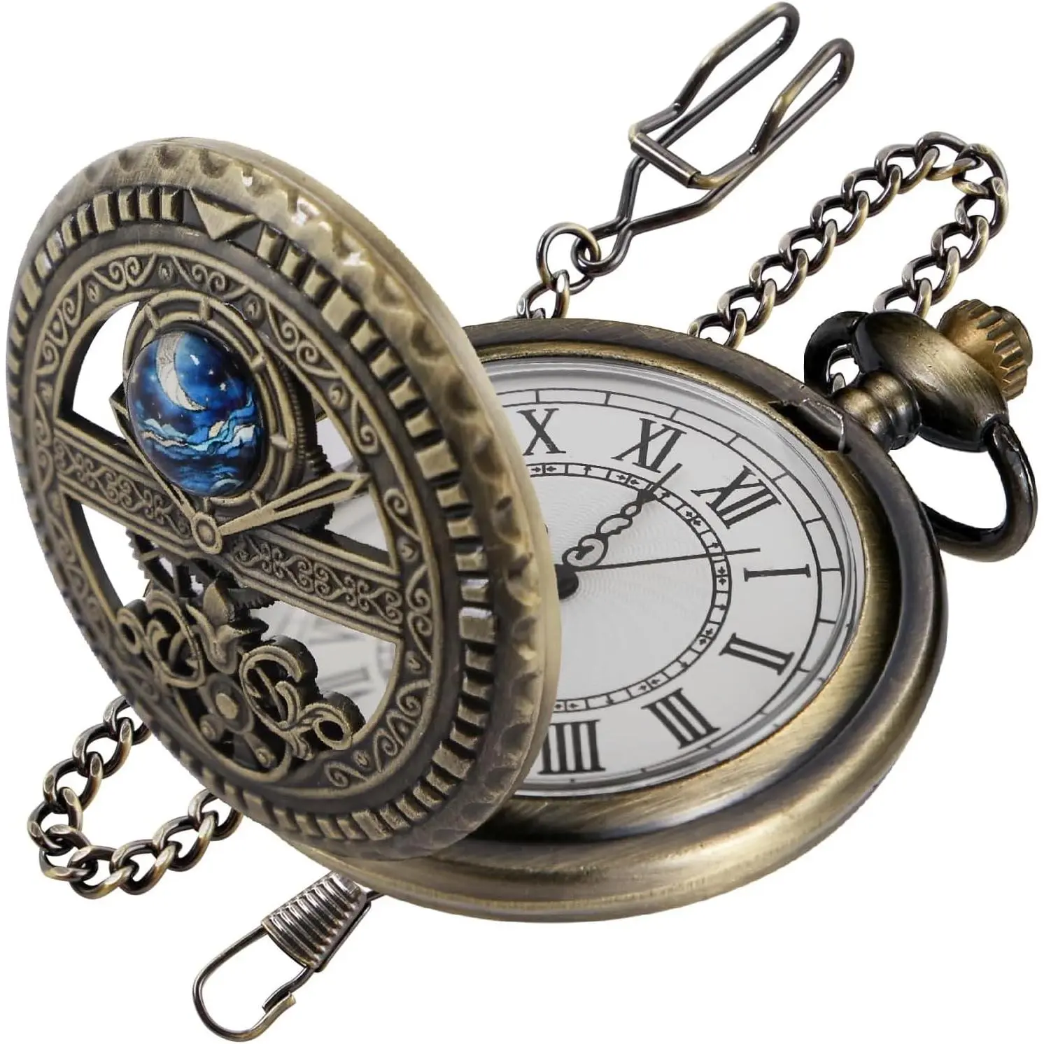 Bronze Hollowed Out Moon Phase Quartz Men's Pocket Watch, Roman Numeral White Dial Pocket Watch with Chain