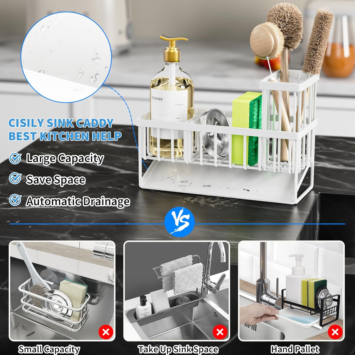 Sponge Holder for Kitchen Sink, Sink Caddy with High Brush Holder, Rustproof Sink Organizer, Soap Dispenser Storage Rack, Countertop Organizer, Dish Drying Organiser