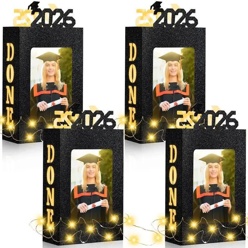 4 Pcs Black Class of 2026 LED Light-Up Graduation Table Centerpieces with 4x6 Photo Slot Frame, Festive Dinners & Graduation Celebration Decor Displays