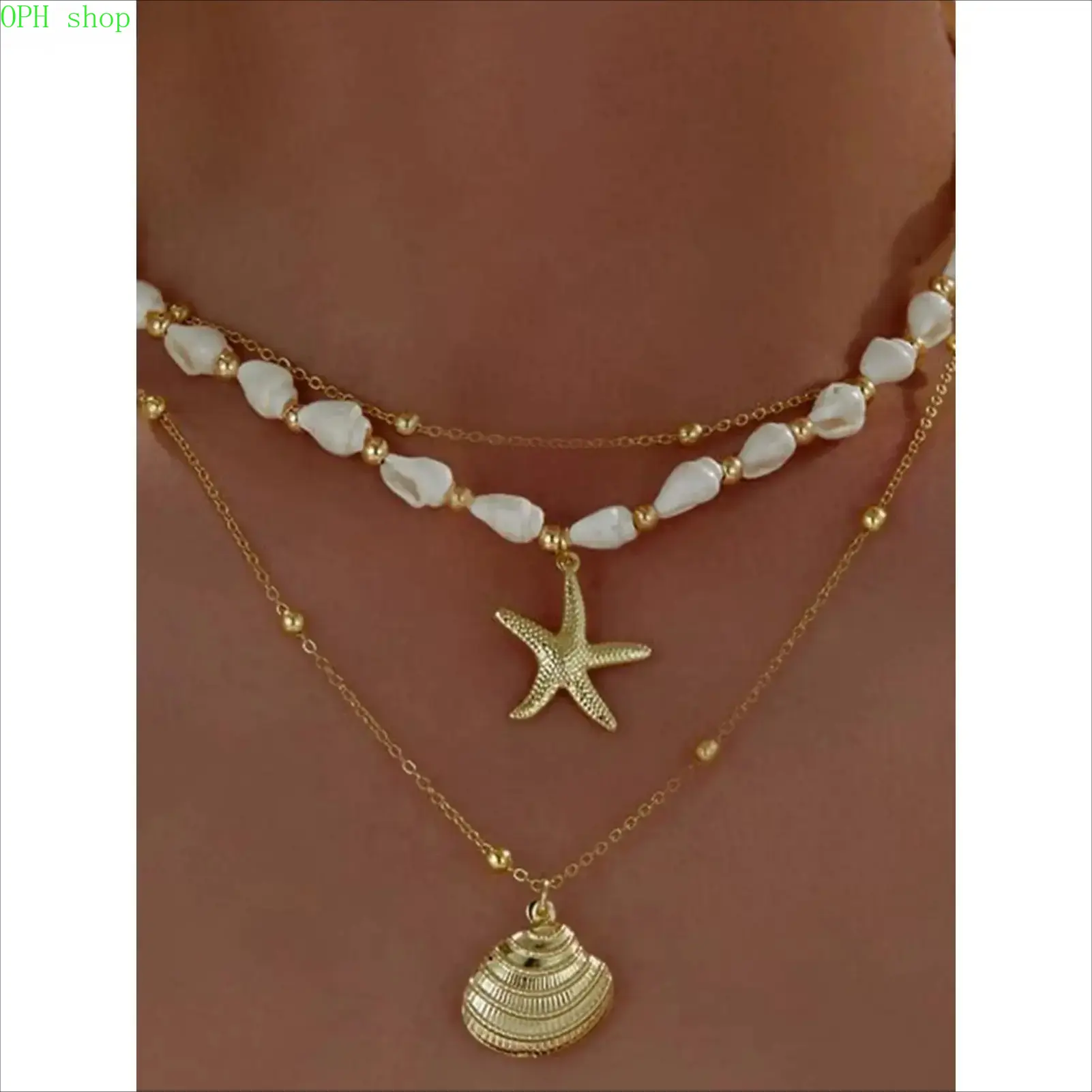 Women's Gold-Tone Seashell Starfish Conch Layered Dainty Choker Jewelry Sets - Casual Elegant Female Costume Jewelry, Pearl Accent, Summer Beach Vacation Style Accessory, Seashell Pattern Jewelry Sets