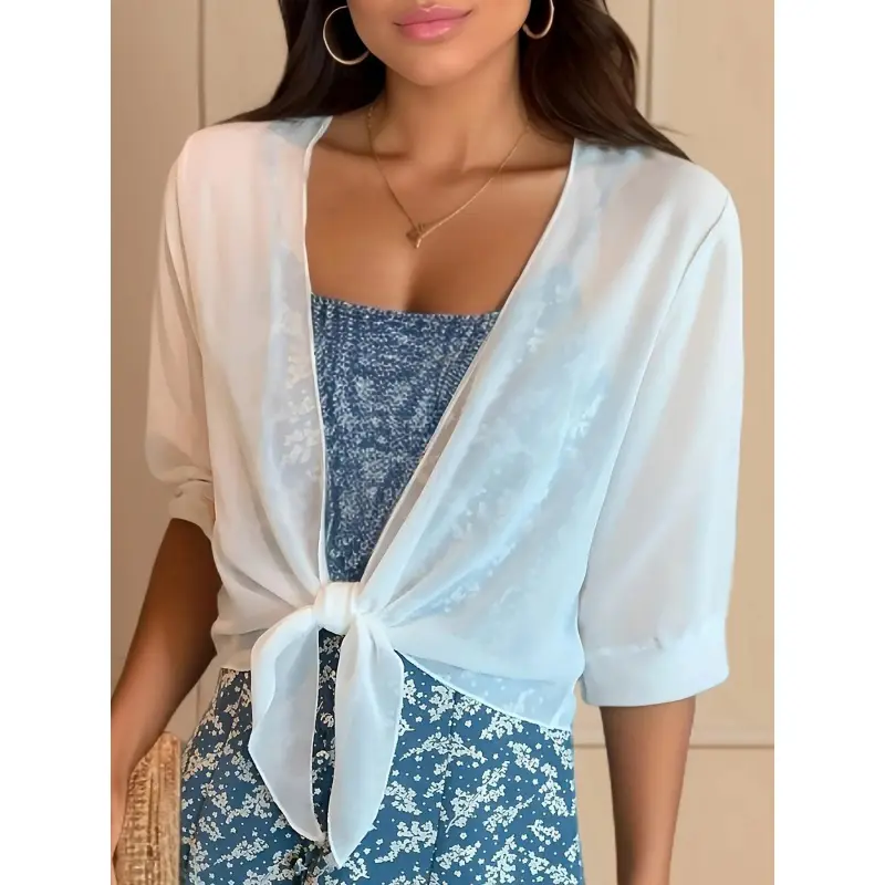 Women's Basic Casual Solid Chiffon Cardigan - Short Length, Half Sleeve, V-Neck, Tie-Knot Open Front Shrug, Ultra-Thin Lightweight Sheer Sunscreen Cover Up for Dresses, Cardigan For Women, Women's Clothes, Clothes