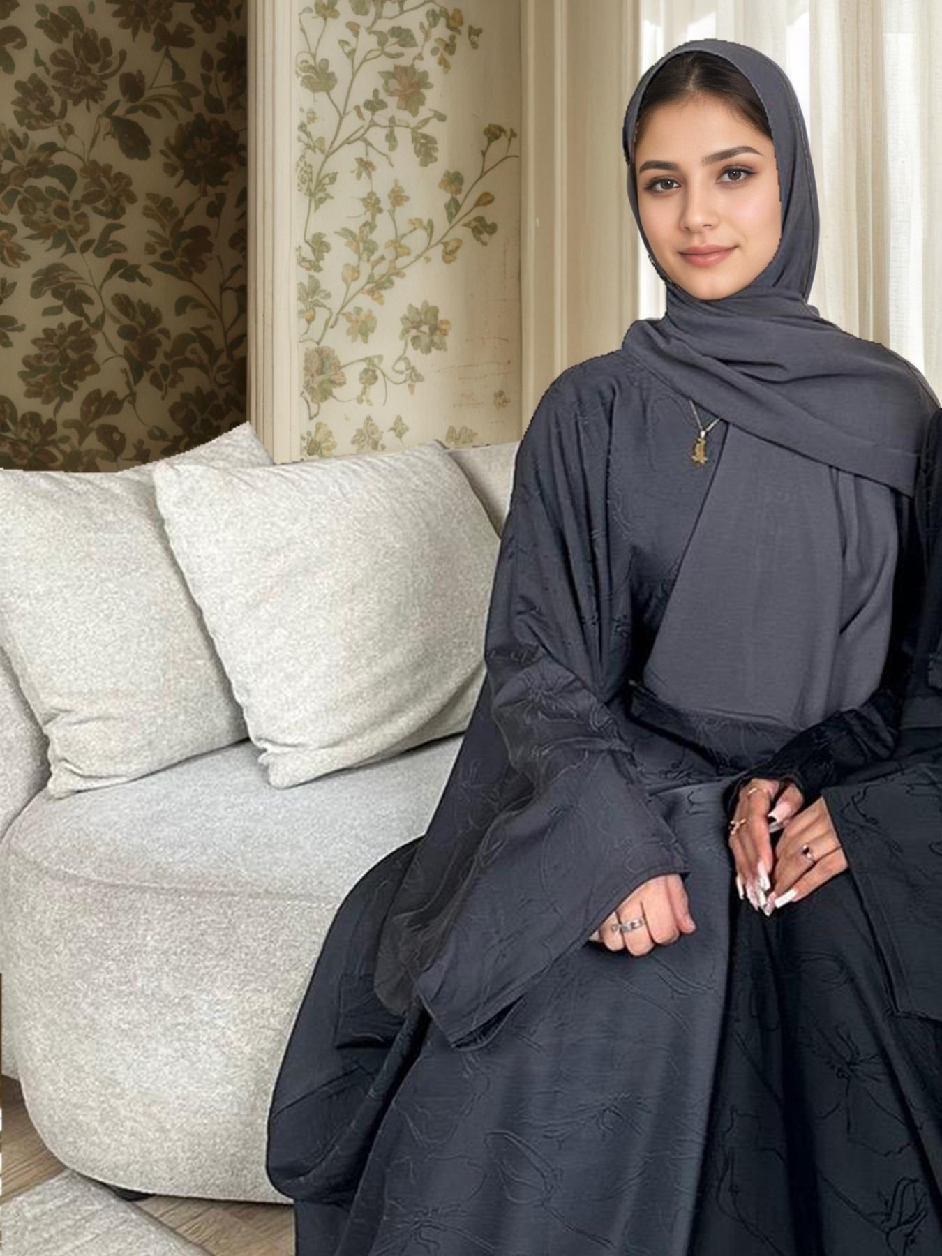 Women's Floral Jacquard Arabian Dress, Modest Chic Round Neck Long Sleeve Abaya Dress for Daily Wear, Ladies Islamic Clothing for All Seasons, Abaya Hijab Set, Abayas for Eid