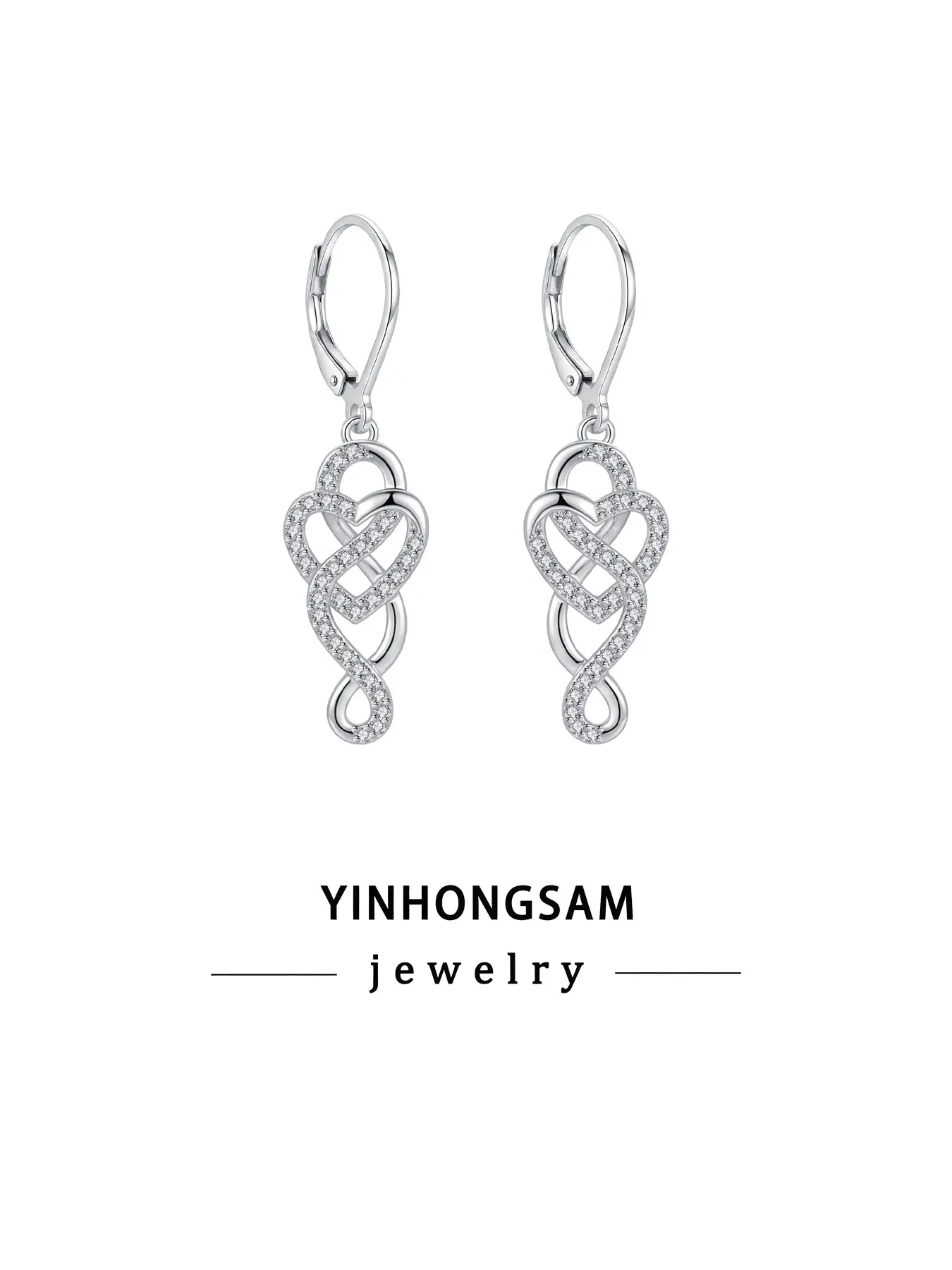 Yinhongsam Celtic Heart Knot Earrings, Cz Interwoven Dual Heart Lever Back Studs, Anniversary Valentine's Day Jewelry Gift Box Included