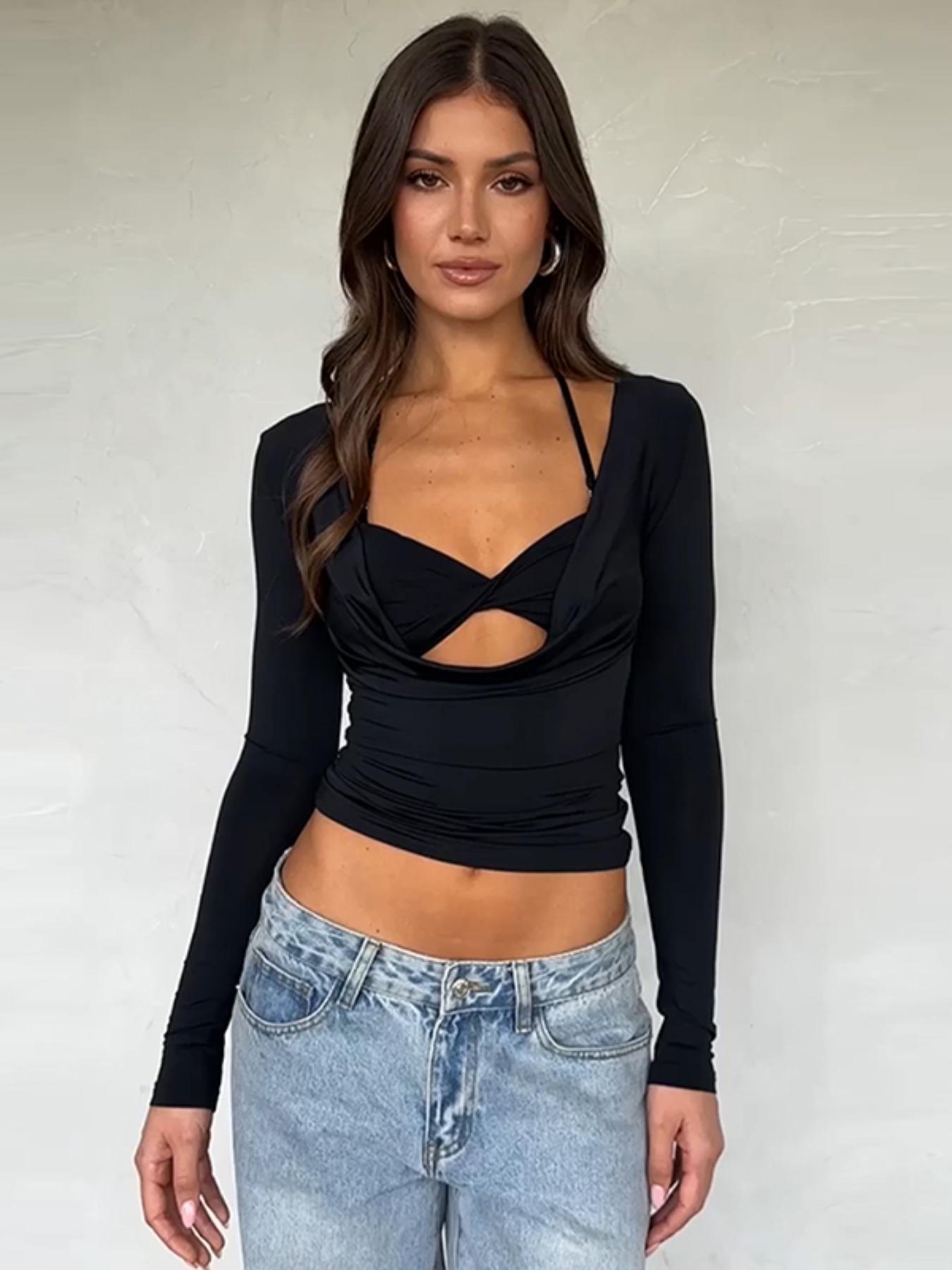 Women's Plain Twist Cut Out Halter Tee, Casual Tie Back Long Sleeve 2 in 1 T-shirt for Spring & Fall, Women's Clothing for Daily Wear, Valentine's Day, Gift, Plunge Neck Top, Lady Crop Top, Womenswear