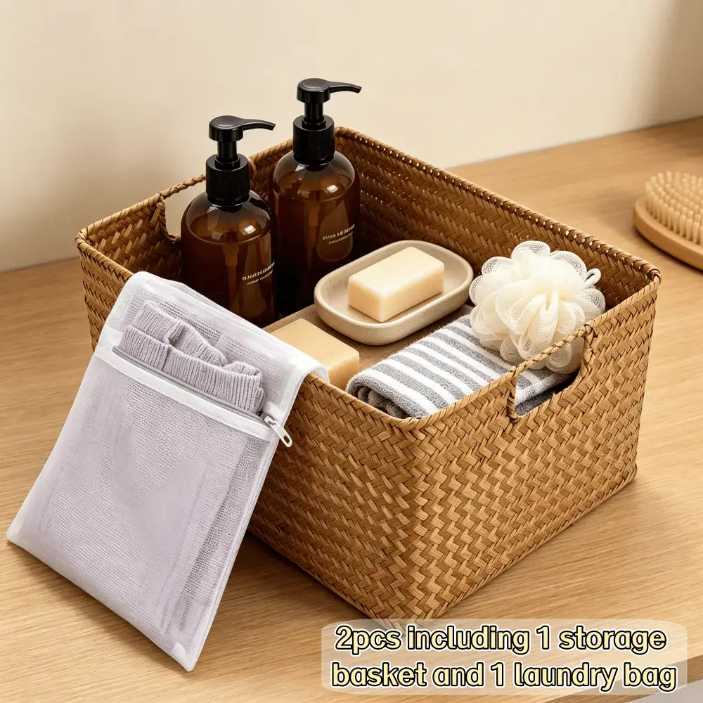 Handwoven Storage Baskets In Various Sizes; Rectangular Storage Boxes With Handles; Versatile Storage Boxes For Hallways, Bedrooms, Bathrooms, Kitchens, Pantries, And Shelves; Caramel Color