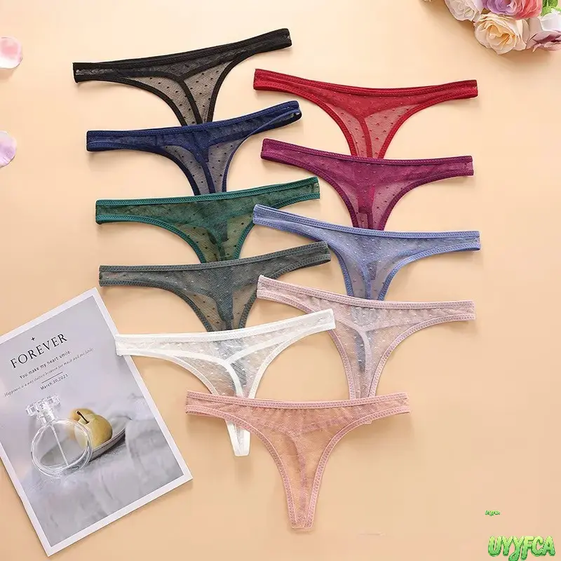 Women's 10pcs Lacy Sheer Polka Dot Mesh Low-Rise Thong Panties - Thin Strap T-Back, Breathable Stretch, Comfortable Seamless Sport Lingerie for Day Workout & Casual Wear, Multi-Color Style, Breathable Mesh, Thin Lace Straps, Panties For Women tiktokshopba