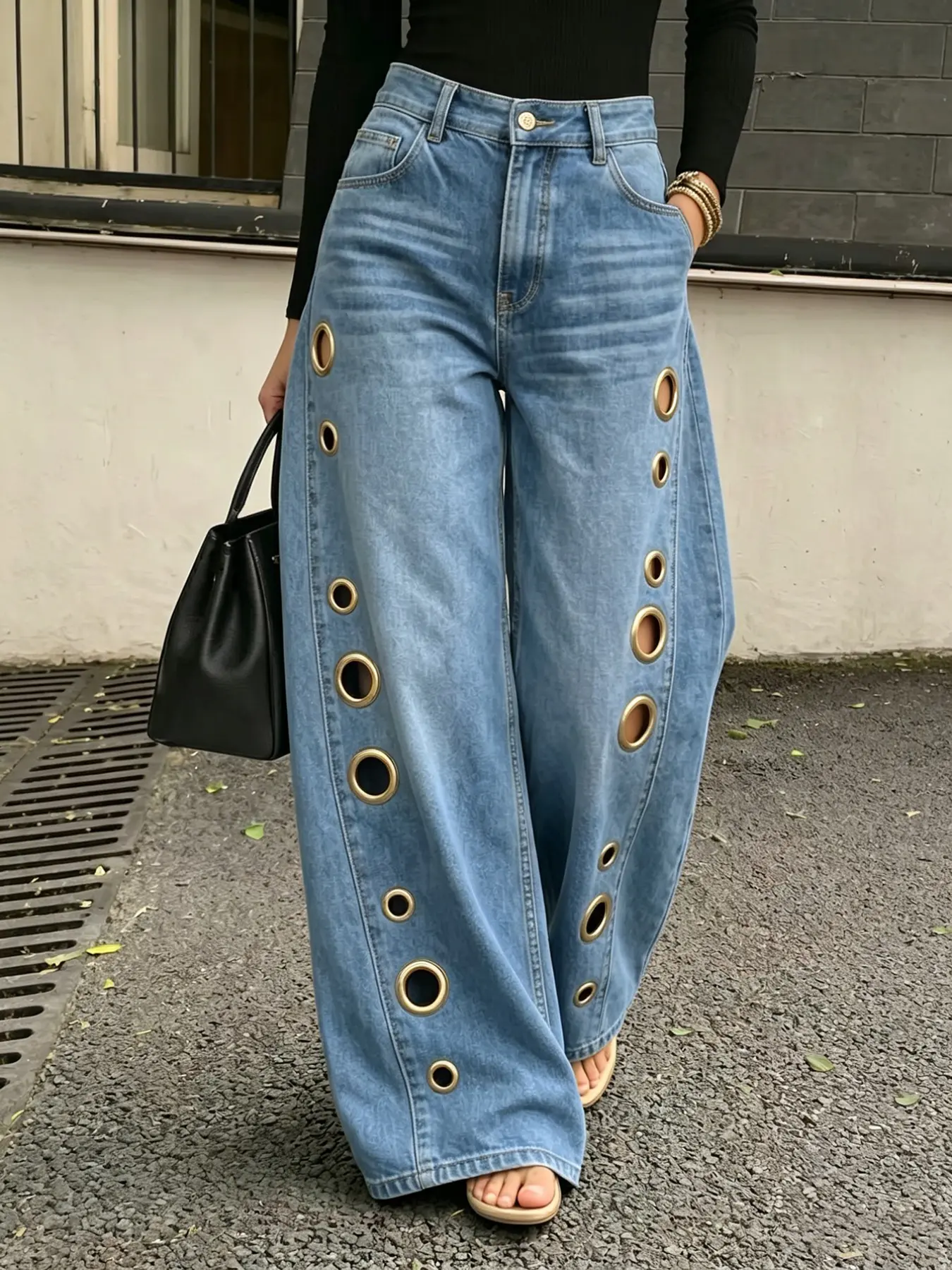 American Vintage High-Waisted Wide-Leg Loose Denim Jeans for Women, Side Metal Eyelets, Distressed Washed Straight Leg Pants, Streetwear Fashion