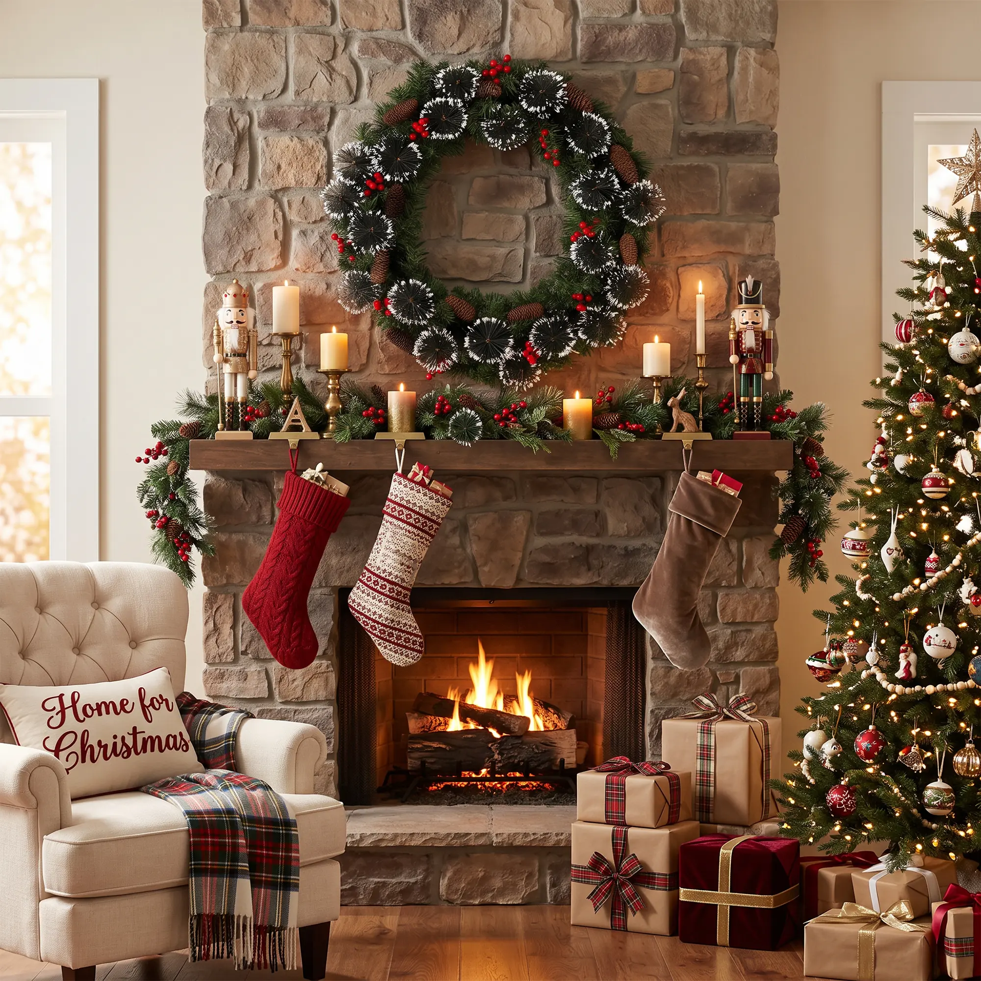 Hosslly Pre-Lit LED Flocked Pine Needle Christmas Wreath with Snow, Warm White Lights, Battery-Powered Festive Decoration