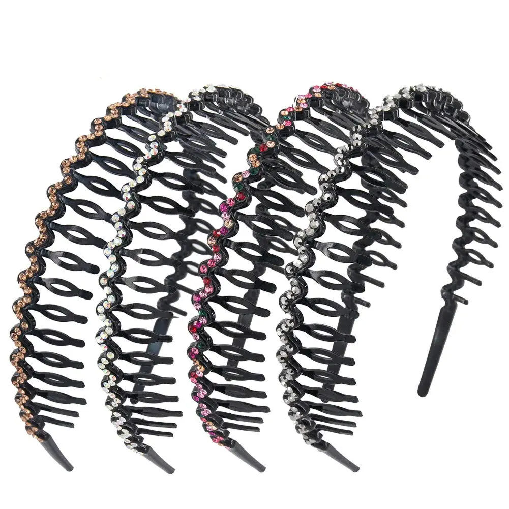 Rhinestone and  Headbands For Women with  Comb, Non-slip Hard Plastic Headbands In Wave shape,Pack of 4