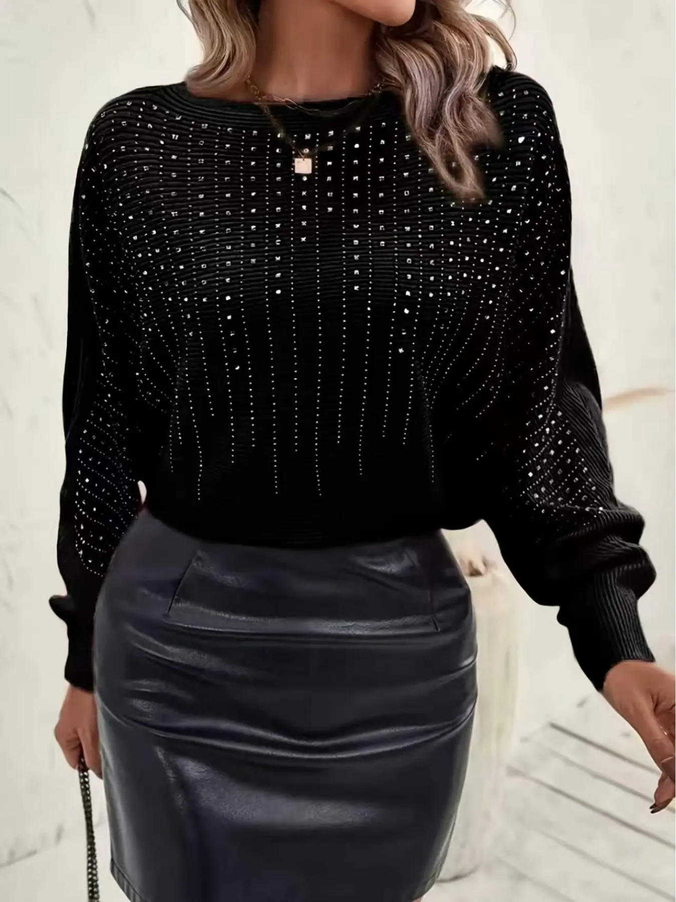 Women's Elegant Rhinestone Batwing Sleeve Boat Neck Pullover, Off-Shoulder Design, Long Sleeve Knit Sweater for Fall & Winter