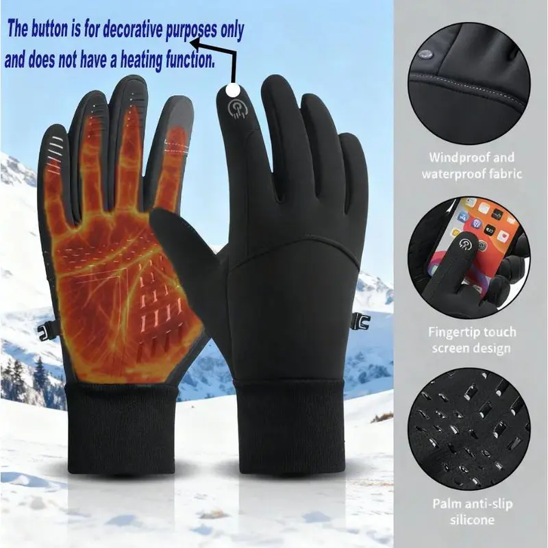 Outdoor Winter Gloves, Touchscreen andWindproof Full-Finger Gloves for Sports, Travel,and Daily Activities for Cycling Driving Running Hiking  The button is for decorative purposes only and does not have a heating function.