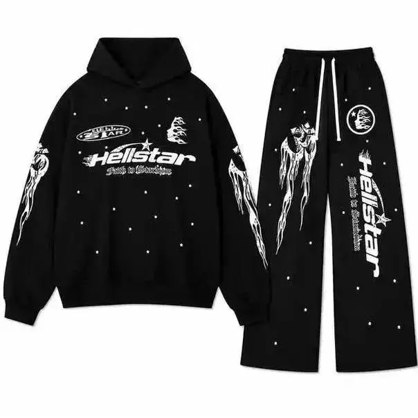 Hellstar Flame Hoodie & Sweatpants Set, Unisex Oversized Streetwear Tracksuit, Casual 2-Piece Outfit for Men & Women, Pullover Hoodie Jogger Set