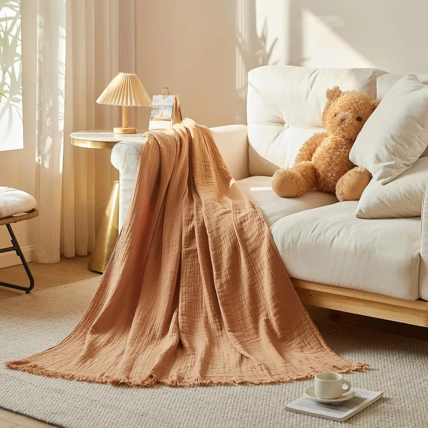 Muslin Throw Blanket with Tassels, Lightweight Woven Gauze, Pre-Washed Breathable  Decor for Bed, Couch, - Use (Tan, 50" x 60")
