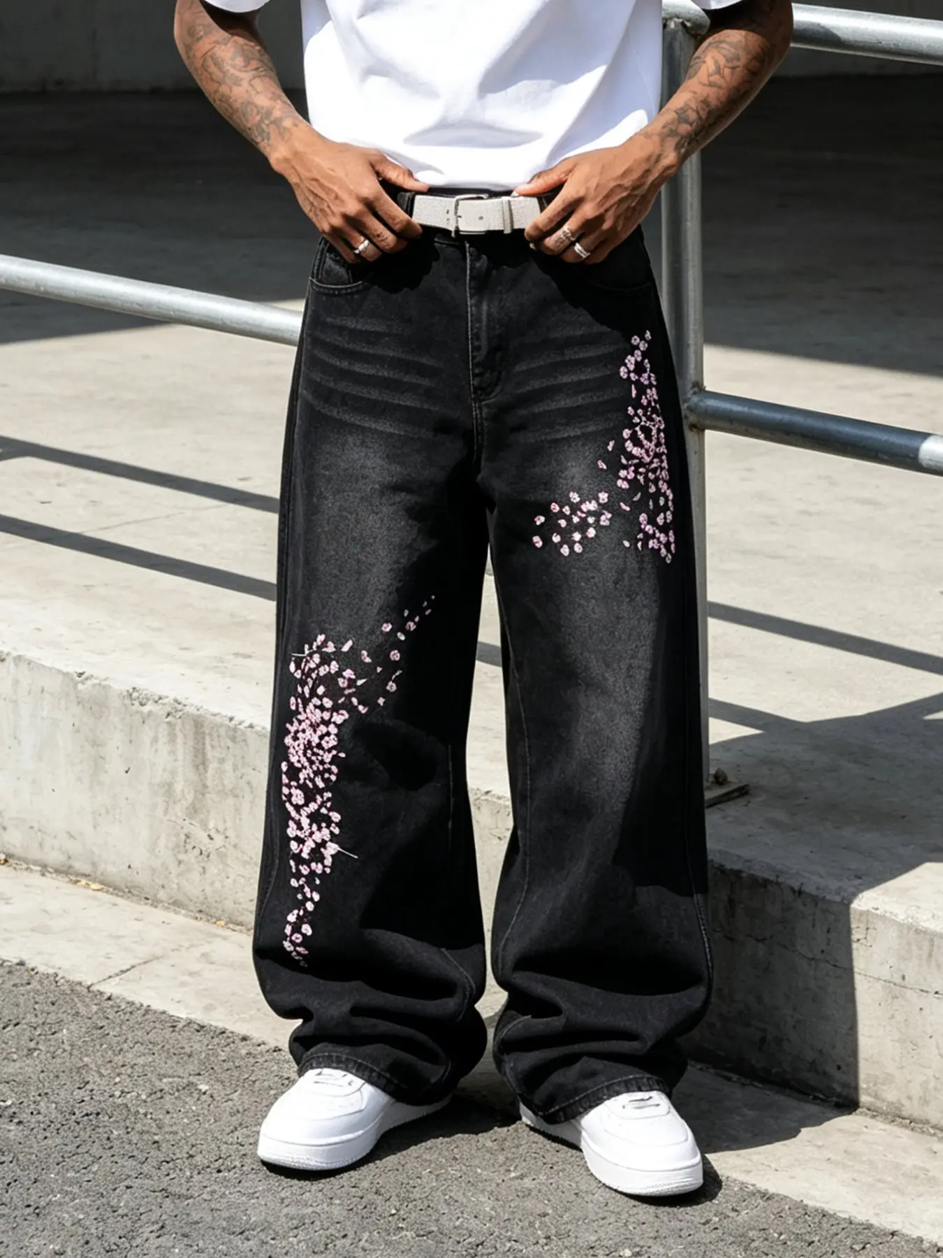 Y2K Cherry Blossom Embroidered Wide Leg Jeans, Vintage Men's Floral Embroidered Banana Wide Leg Jeans, Streetwear Trendy Denim Jeans