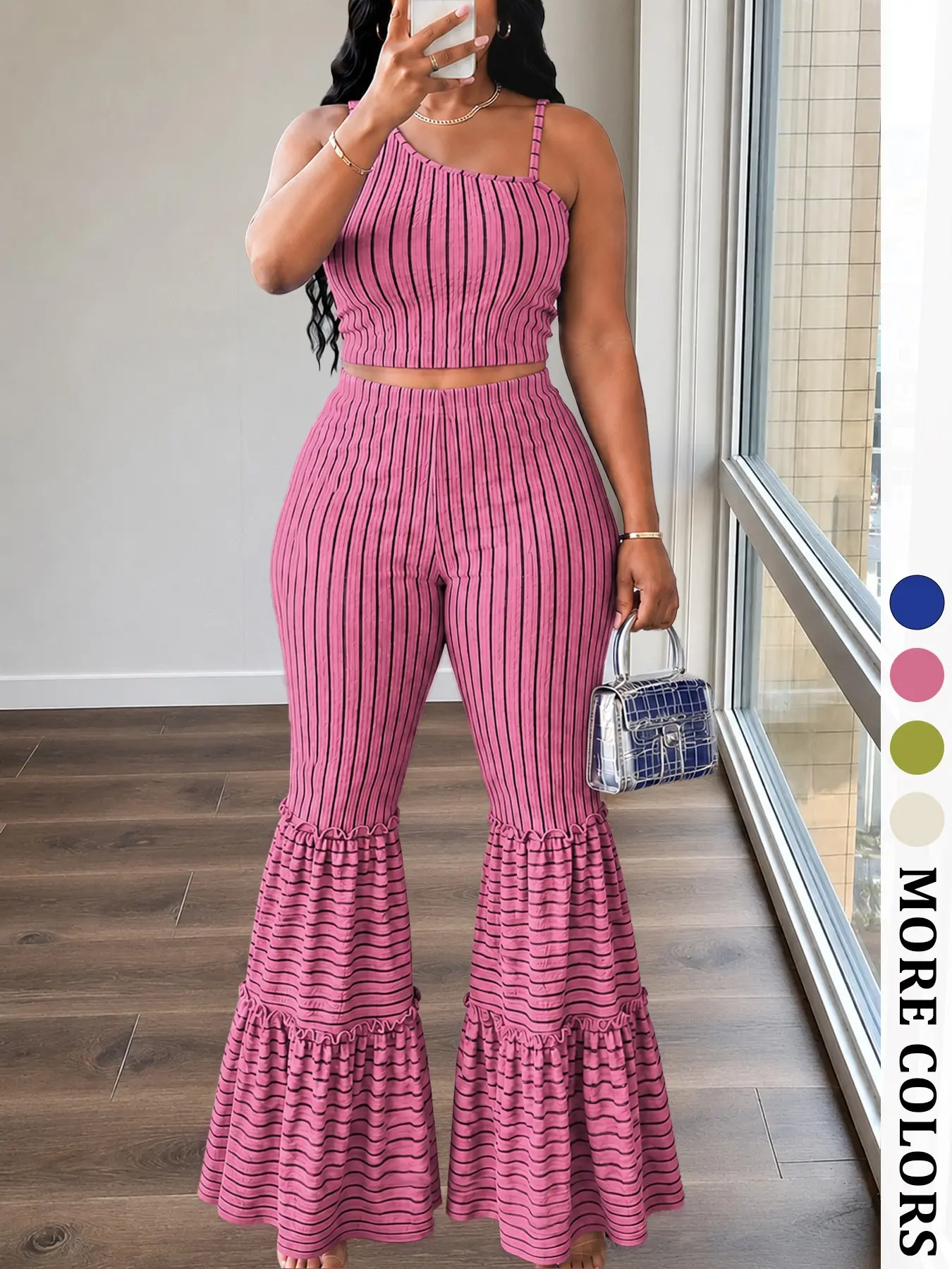 Women's Summer Striped Two-Piece Set, Sleeveless Top and Ruffled Bell Bottom Pants, Summer Vacation, Casual Home Wear, Street Style, Chic