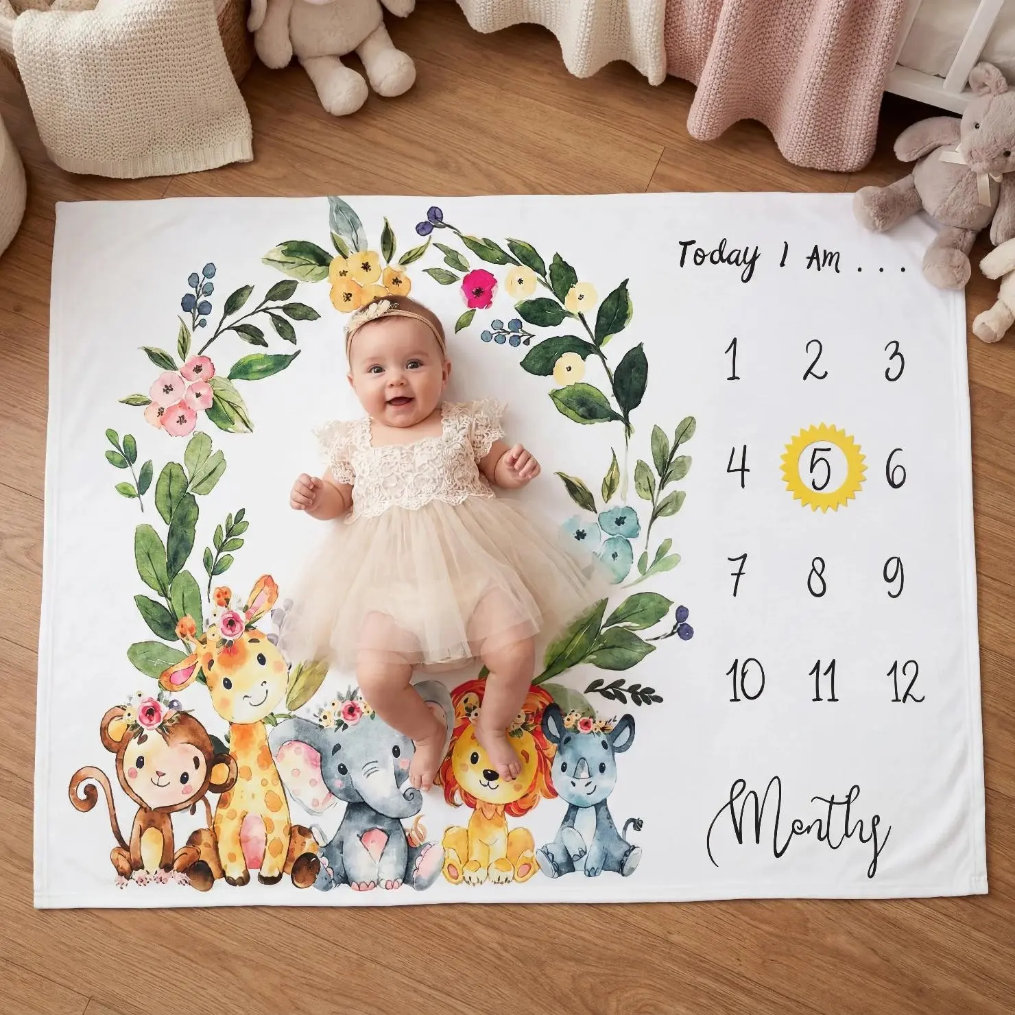 Forest Theme Baby Photo Background Blanket, Cute Adorable Animal Print Fabric, Newborn to First Birthday, Monthly Growth Milestone Photoshoot Mat