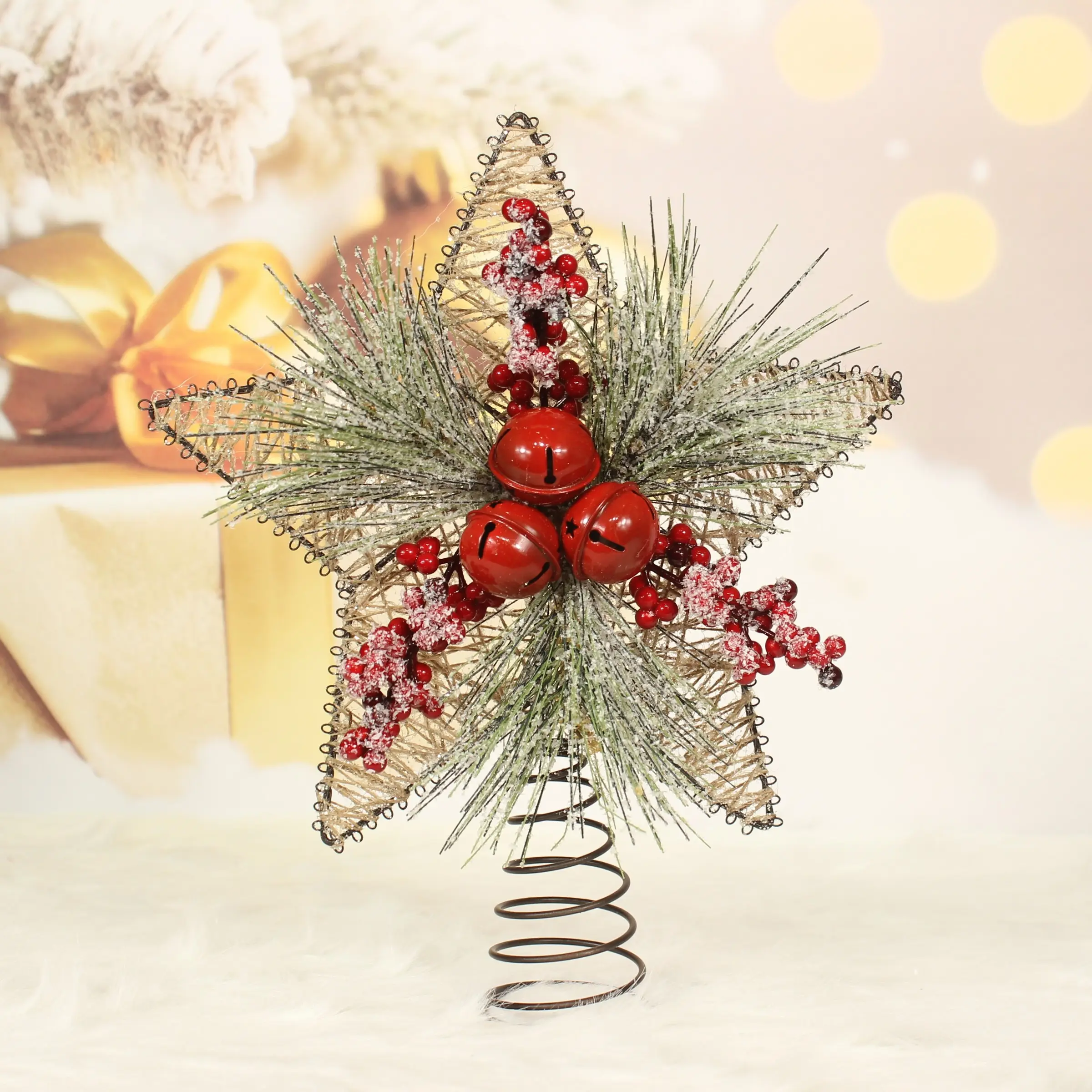 11.5 Inch Iron Tree Topper, Artificial Pine Needles and Berries, Metal Bell, Ideal Christmas Decoration, Home Festival Party Decor