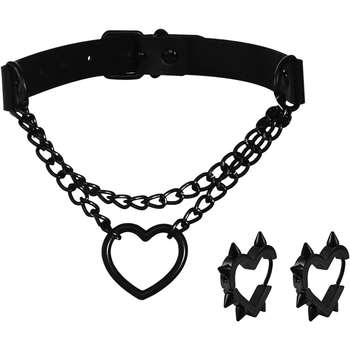 Goth Heart Chain Choker Black Heart Earrings  Set Gothic Punk Grunge Emo PU Leather Necklace Y2k Huggie Hoop Spike Black Earring   for Women Men
