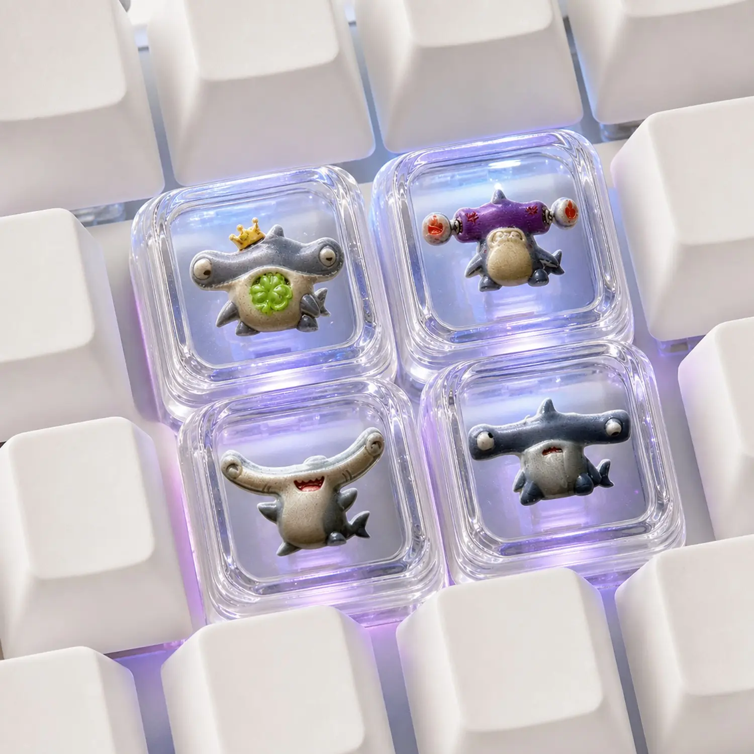 TOCOKEY 4PCS Cute Hammerhead Shark Keycap Set with Random Color Puller, Transparent Double-Layer XDA 1U Custom Keycaps for MX Mechanical Keyboards