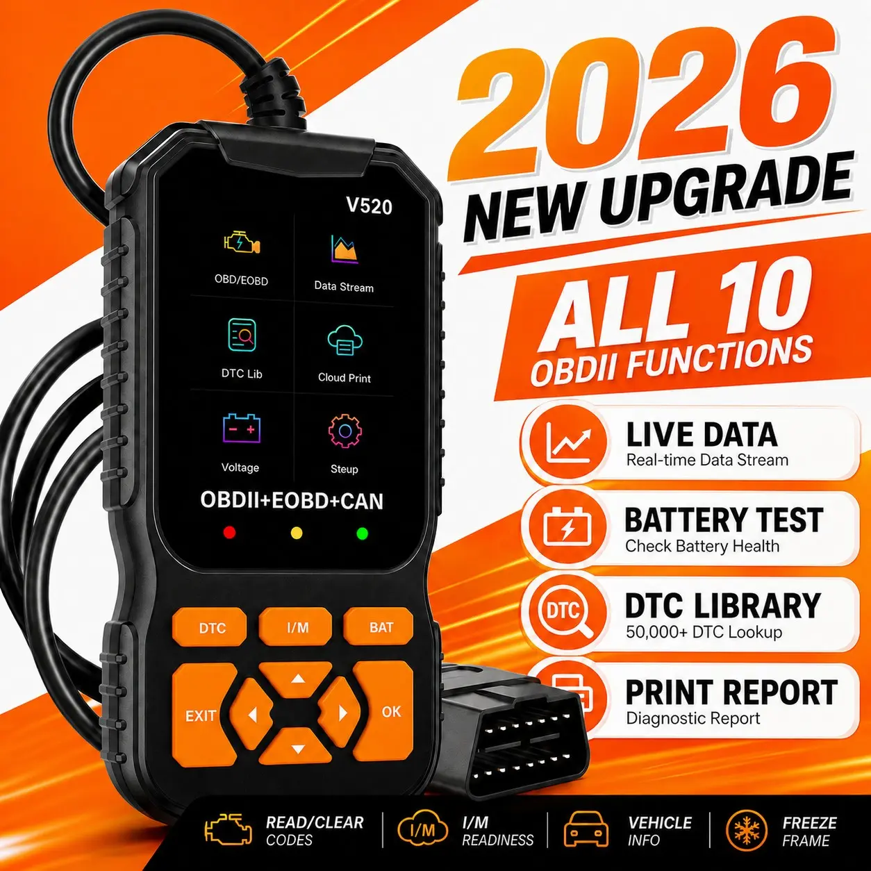 V520 Obd2 Code Reader Scanner, Professional Automotive Diagnostic Tool, Live Data Stream, Fault Code Eraser, Engine Check Light Reset, 8 Languages