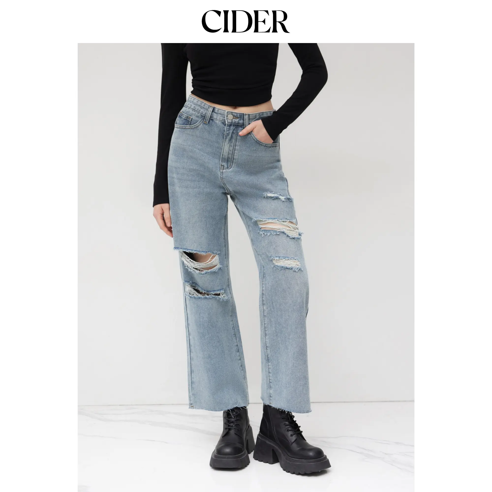 Cider Petite High Waist Ripped Straight Leg Jeans