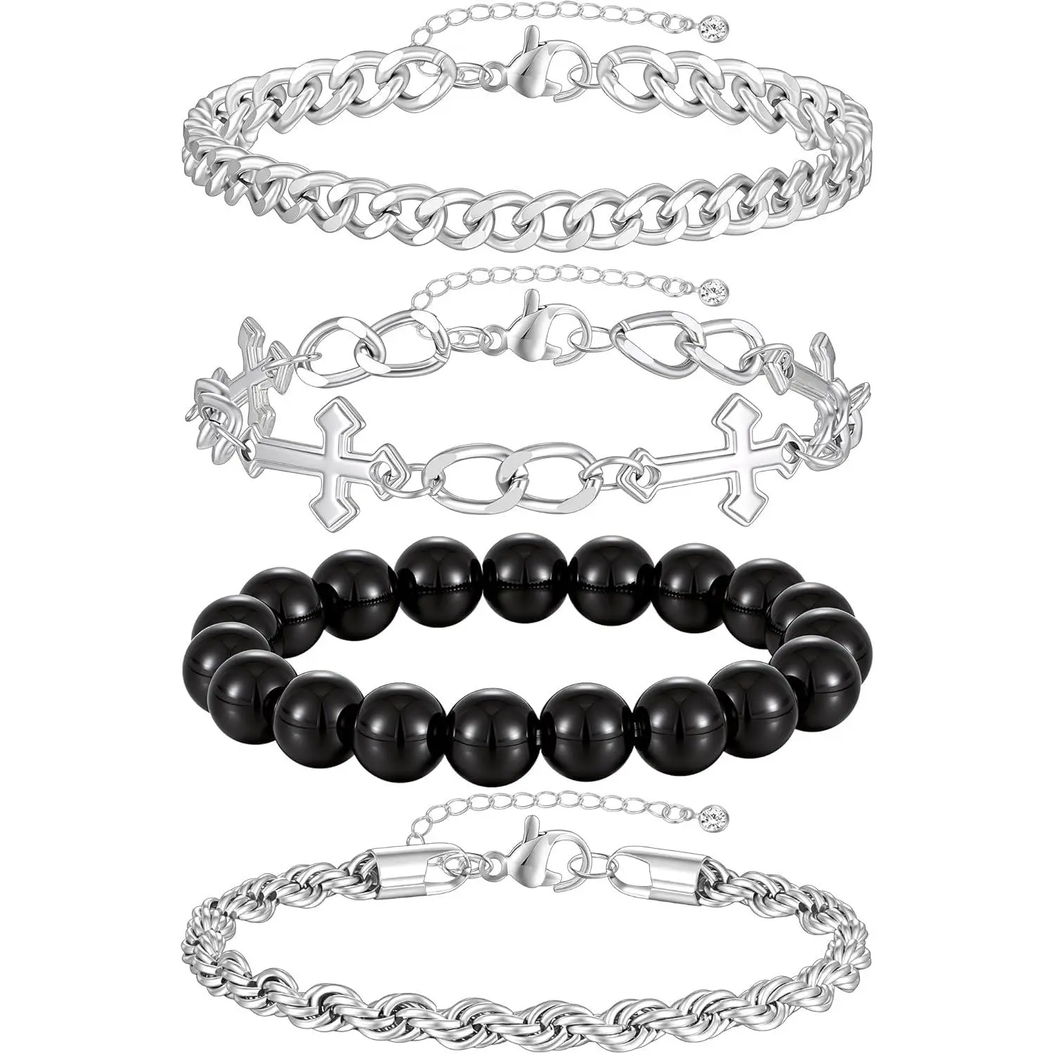 4pcs Bracelets for Men Women Silver/Gold/Black Cross Cuban Zircon Link Rope Chain Bracelets Set Stainless Steel Adjustable Metal Bracelet Mens Fashion Accessories Jewelry Set