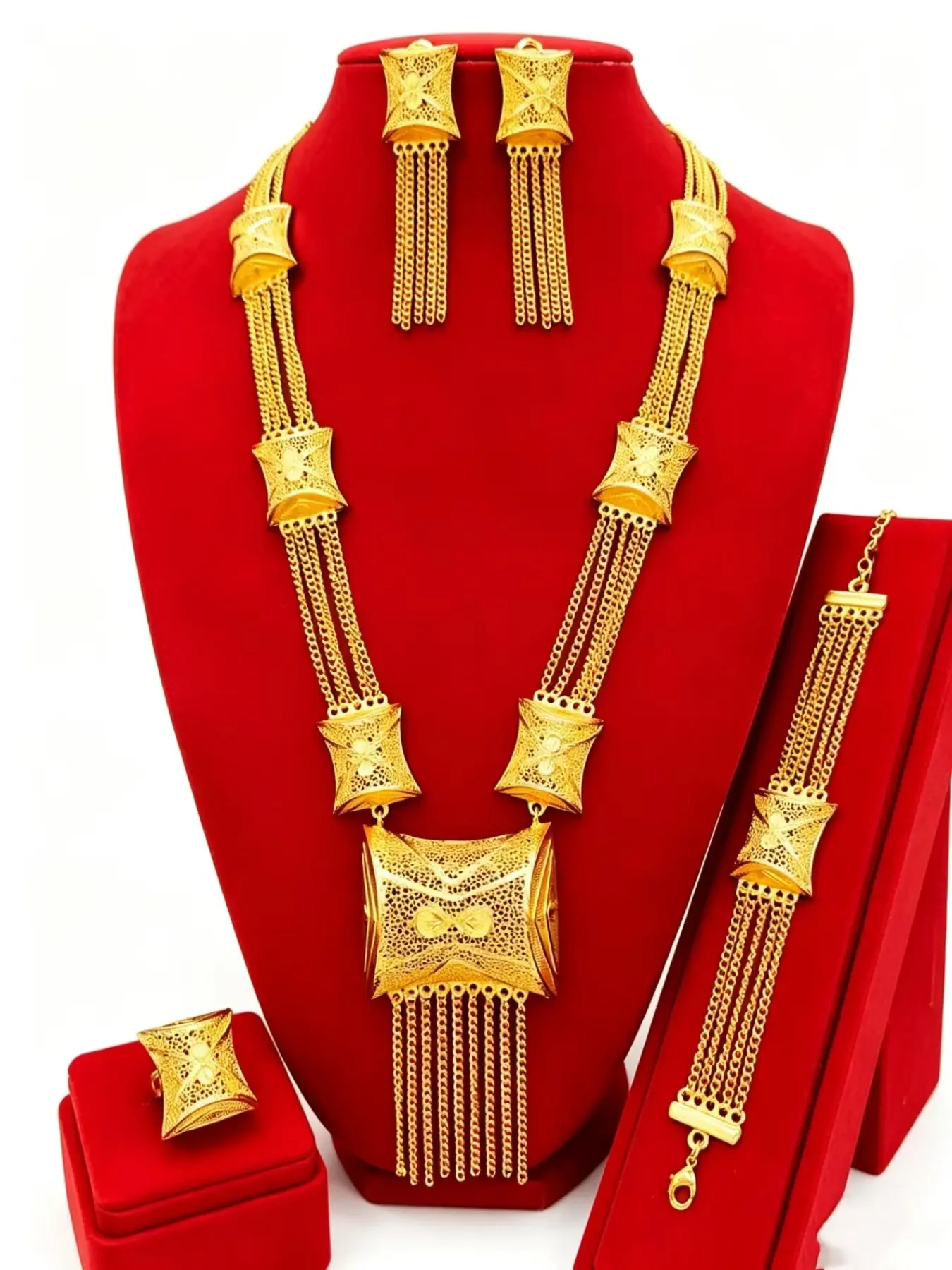 Elegant Floral Jewelry Set, Bridal Wedding Jewelry, Long Pendant Necklace, Bracelet, Earrings, Ring, Perfect for Weddings, Birthdays, Daily Wear