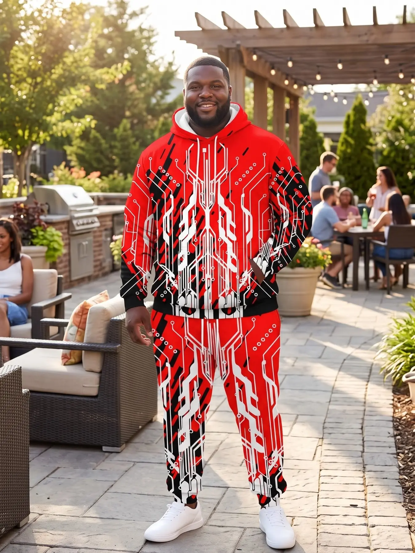 Men's 2-Piece Plus Size Circuit Board Tech Full Print Hoodie Set, Future Style Chip Line Print Hooded Sweatshirt and Pants