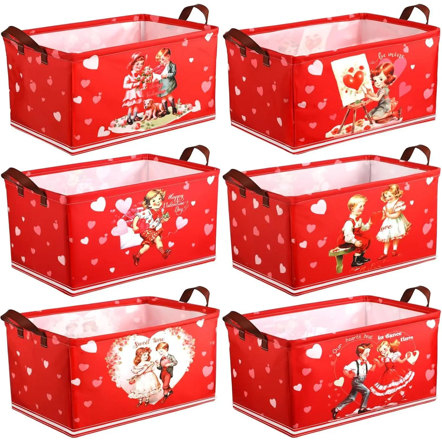 6 Pack Valentine's Day Storage Basket  Valentine's Day Basket for  Collapsible  Holiday Decor Retro Large Bin Foldable  Box with Handle for Bedroom Laundry