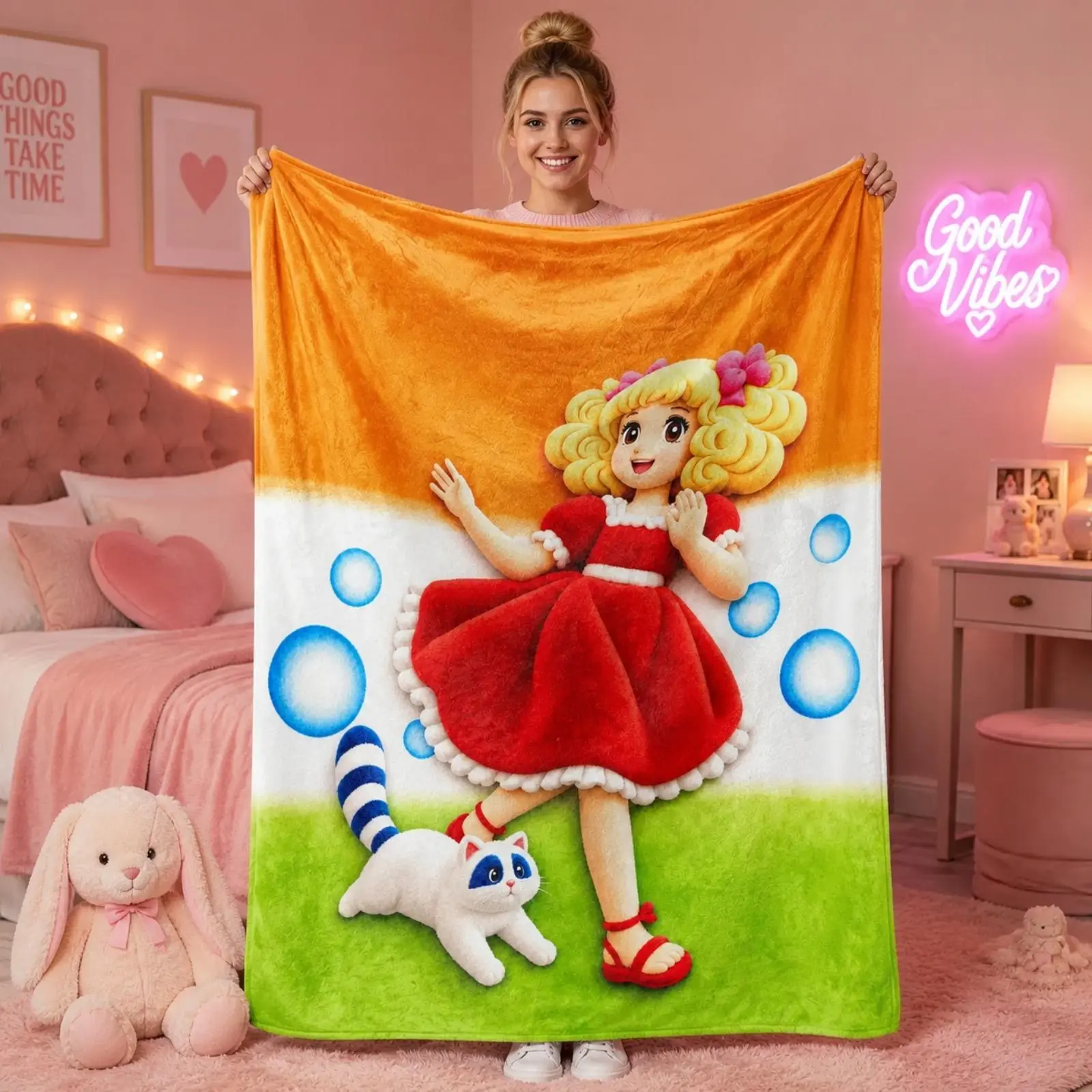 Anti-Pilling Cartoon Print Flannel Throw Blanket, Colorful Blonde Cartoon Girl & Striped Cat Design with Gradient Orange-Green Bubble Print, Soft Warm Indoor-Outdoor Blanket for Sofa Bed, Cute Kids Room Decor Gift for Birthdays
