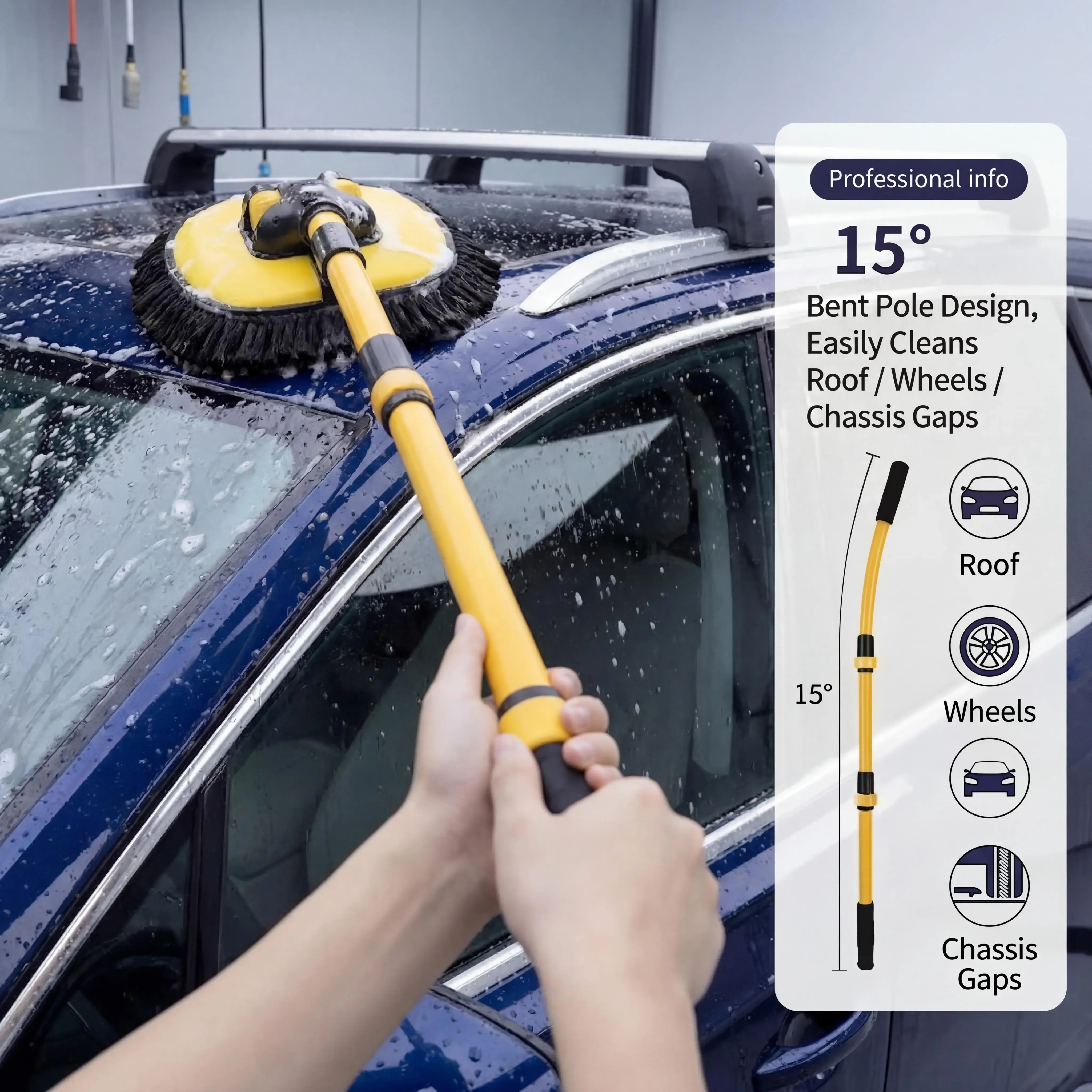 Vehicle Wash Mop with Long Handle, Microfiber Wash Brush with Replaceable Brush Head, Soft Cleaning Brush with 15° Curved Extension Rod, Car Cleaning Tool, Car Detailing Mop, Car Washing Tool #GLOBAL PICKS