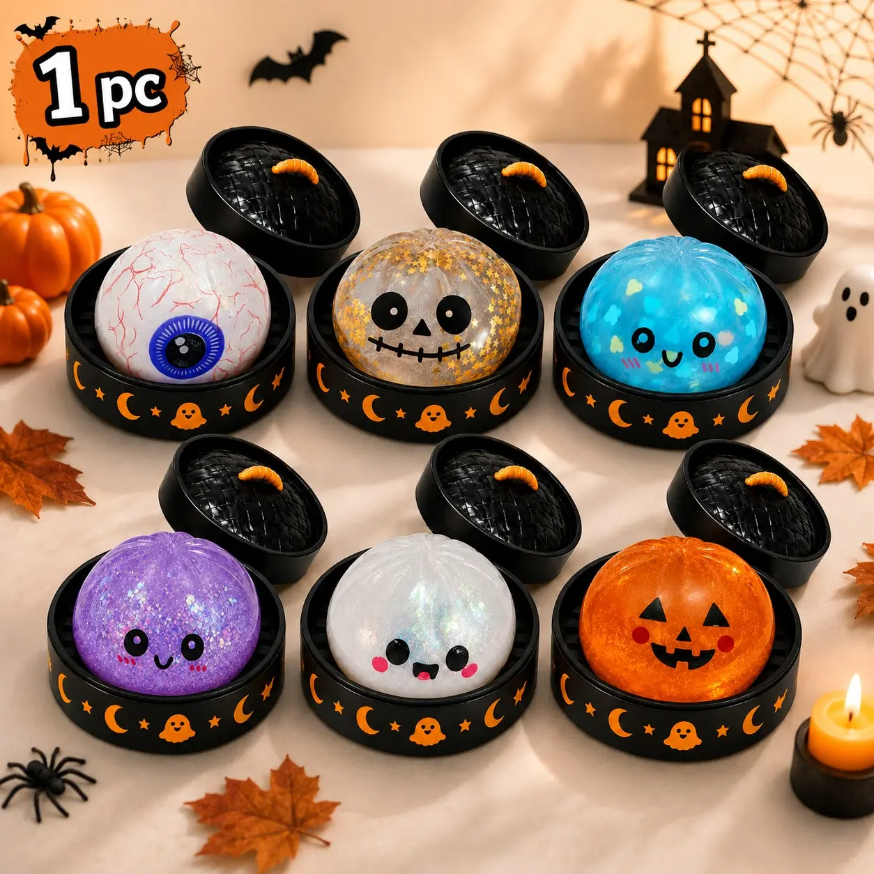 1 PC Halloween Dumpling Squishy Mystery Box with Steamer, Cute Viral Bao Bun Squishy Toy, Soft Jelly-Filled Squeeze Fidget Toy for Teens and Adult, Ghost Pumpkin Eyeball Designs for Stress Relief, Party Favors & Desk Toys, Squishy Steamed Bun