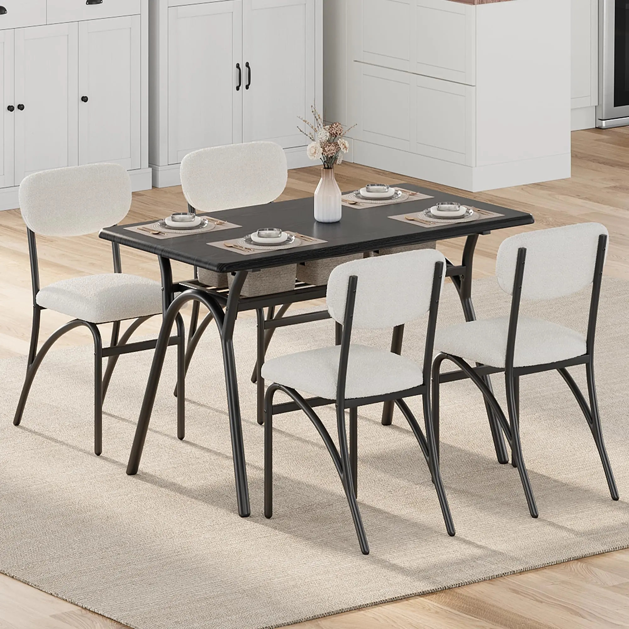 4-Piece Modern Boucle Dining Chairs - Lambswool Upholstered, Stackable Armless Minimalist Home Furniture with Metal Legs, Beige & Grey Indoor Modern Furniture for Dining Room Use