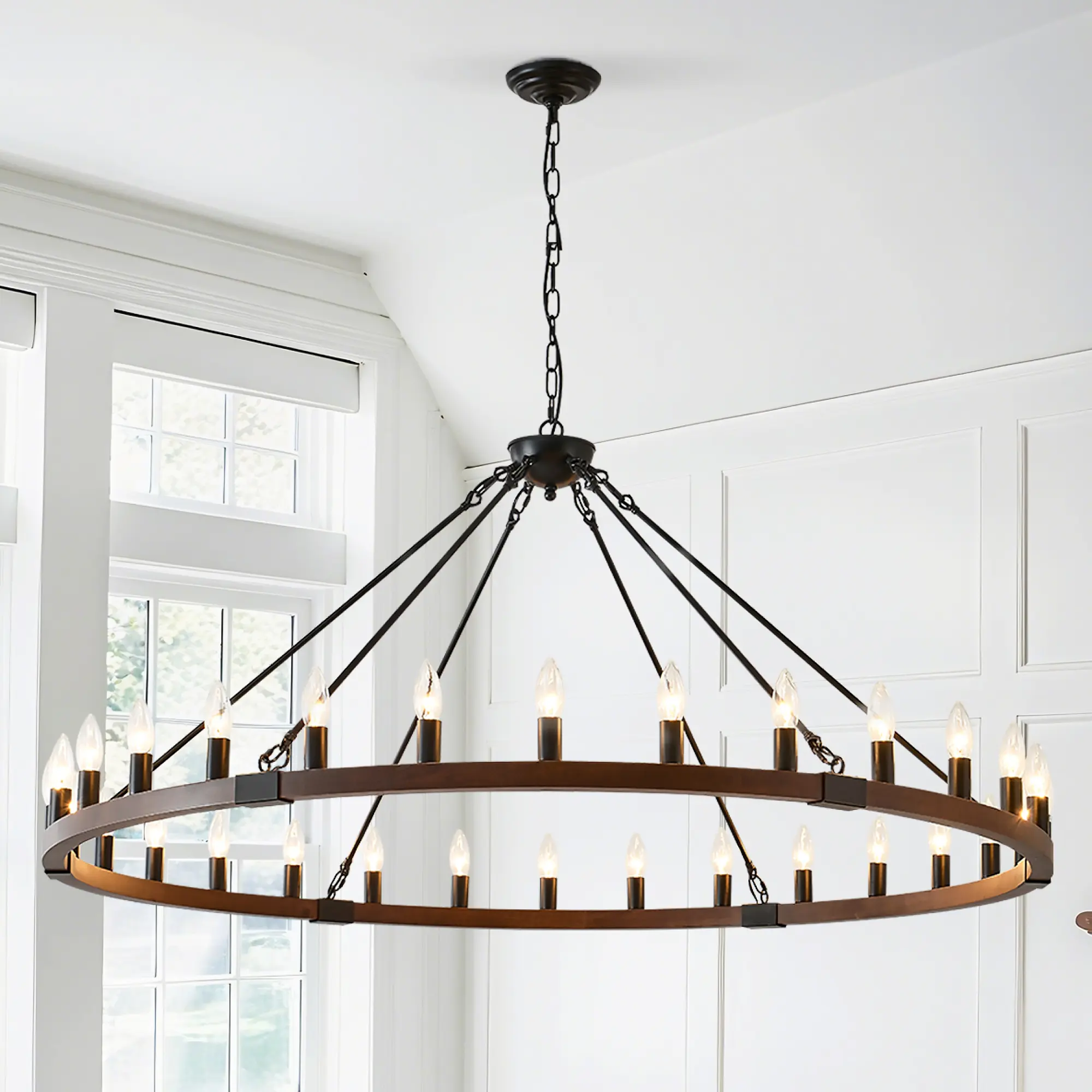 53.15 in Modern Farmhouse Wood & Metal Wagon Wheel Chandelier - 30-Light Configuration Hanging Pendant, Matte Black Finish, Ample Ambient Lighting, for Living Room, Kitchen Islands, Bulbs Not Included, Indoor Furniture