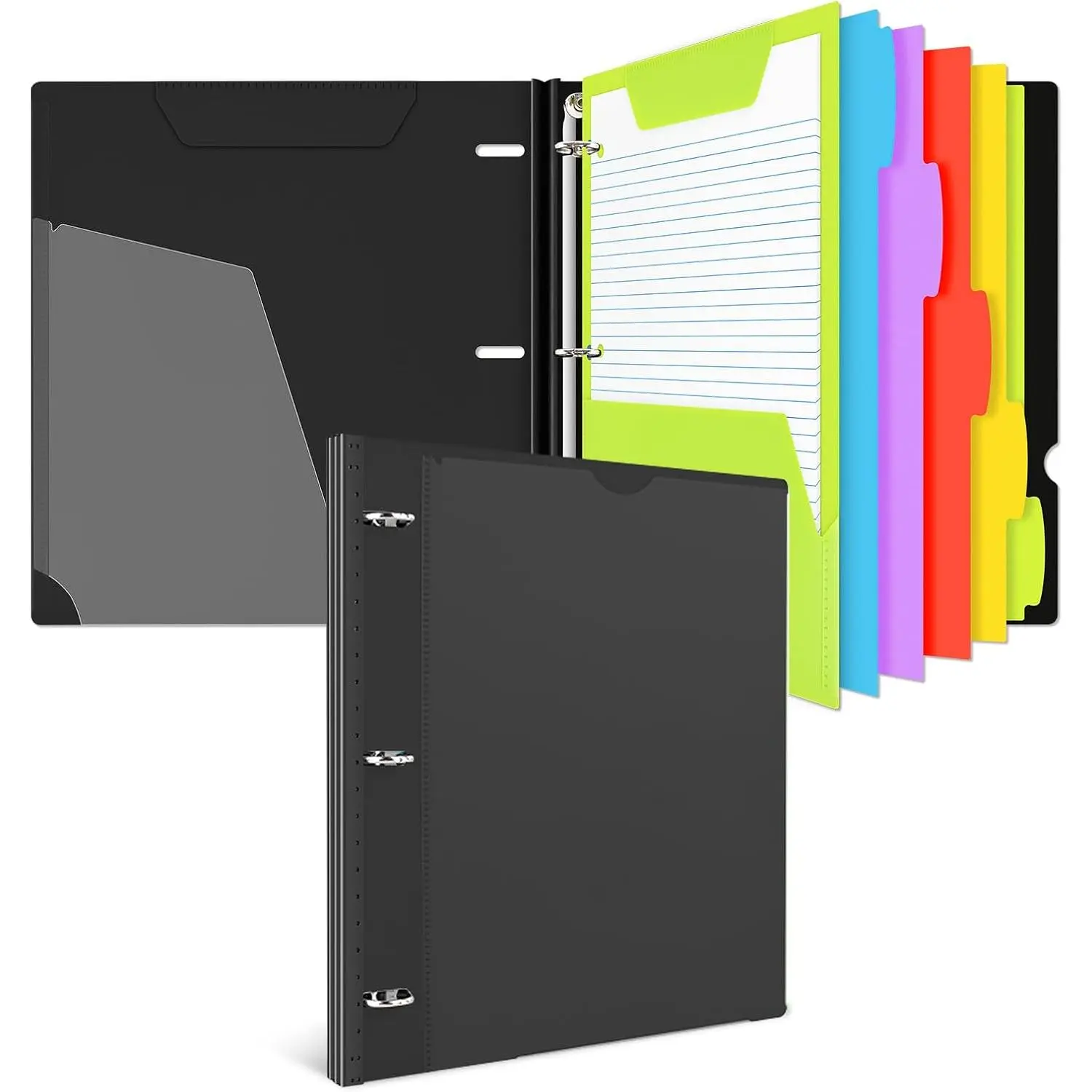 -in- Telescoping Binder Notebook, Refillable 3 Ring Notebook Binder with 1 Plastic Movable Pocket Folder,5 Plastic Subject dividers and Graph Paper and College Ruled Paper- Black