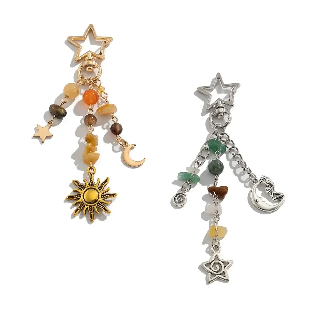 2pcs Vintage-Inspired Delicate Fashion Pendant Set: Gold & Silver Star-Moon Design with Irregular Stone Accents Keyring Charms for Mobile Phones, Handbags & Accessories Keyring Fittings Couples' Jewellery Charms Stylish Playful Charm Fashionable Char