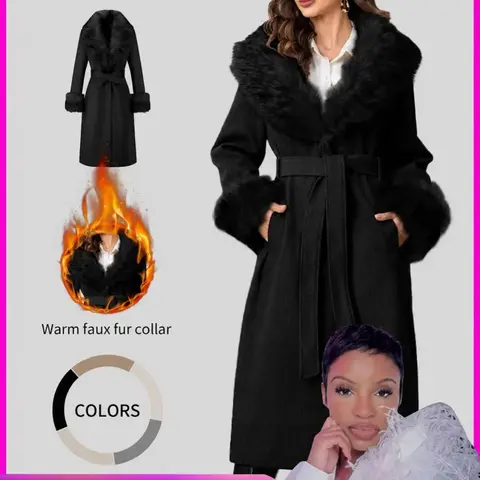 Styles by Faith Howard Women's Fall Winter Medium-Length Coat, Elegant Plain Color, Warm Belted Design, Fitted Long Sleeve, Cold-Proof with Fur Collar, Includes Waist Belt and Pockets