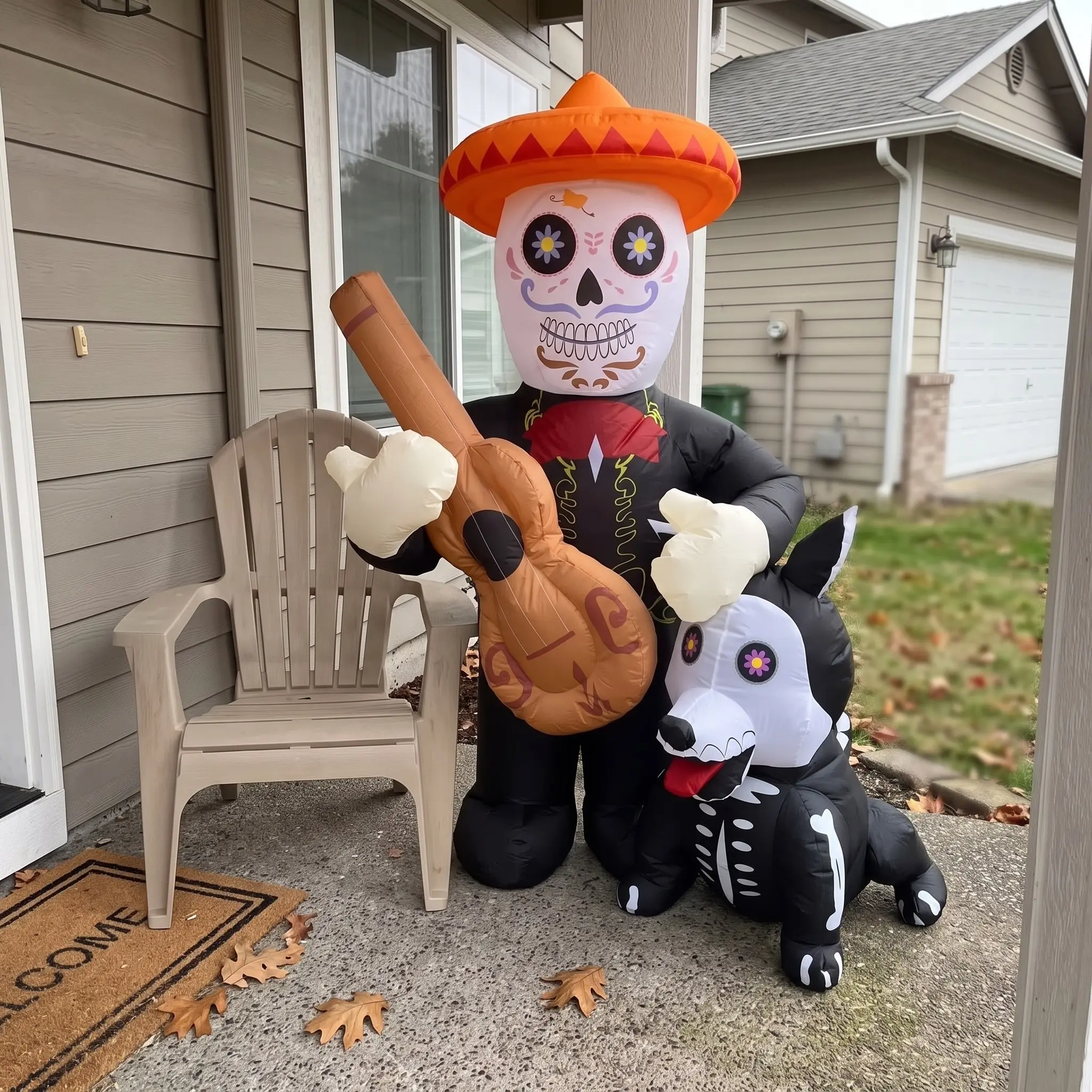 Rockin' Skeleton Dog Guitarist Inflatable, LED Glow Halloween Decoration, Indoor & Outdoor Party Decor, Show-Stopping Curb Appeal