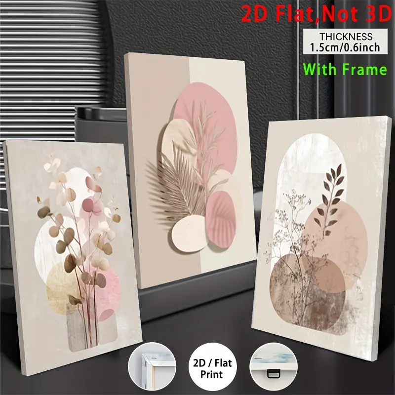 2D canvas, two-dimensional painting, 3-piece framed set. A two-dimensional art piece composed of three framed canvases. The design features minimalist bohemian geometric patterns in soft pastel and cream tones, incorporating abstract semi-oval Christmas a